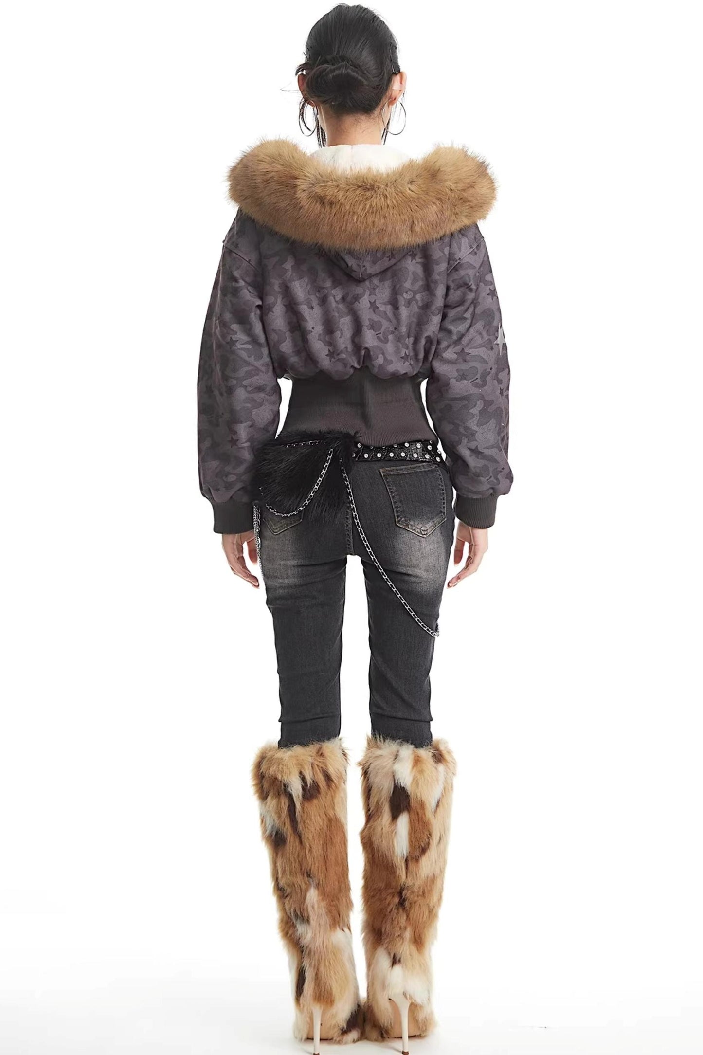 Retro Camouflage Fur Collar Hooded Jacket