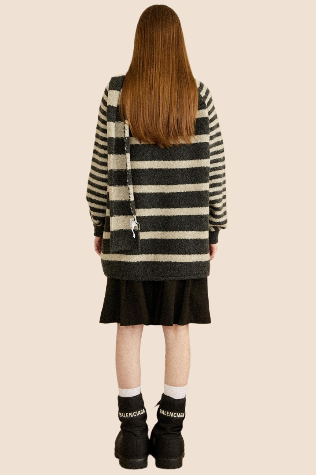 두꺼운 스트라이프 루즈 니트 탑 스카프 세트