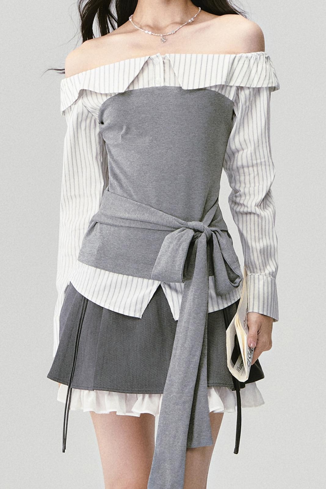 High-Intelligence Patchwork One-Shoulder Top Set-Up