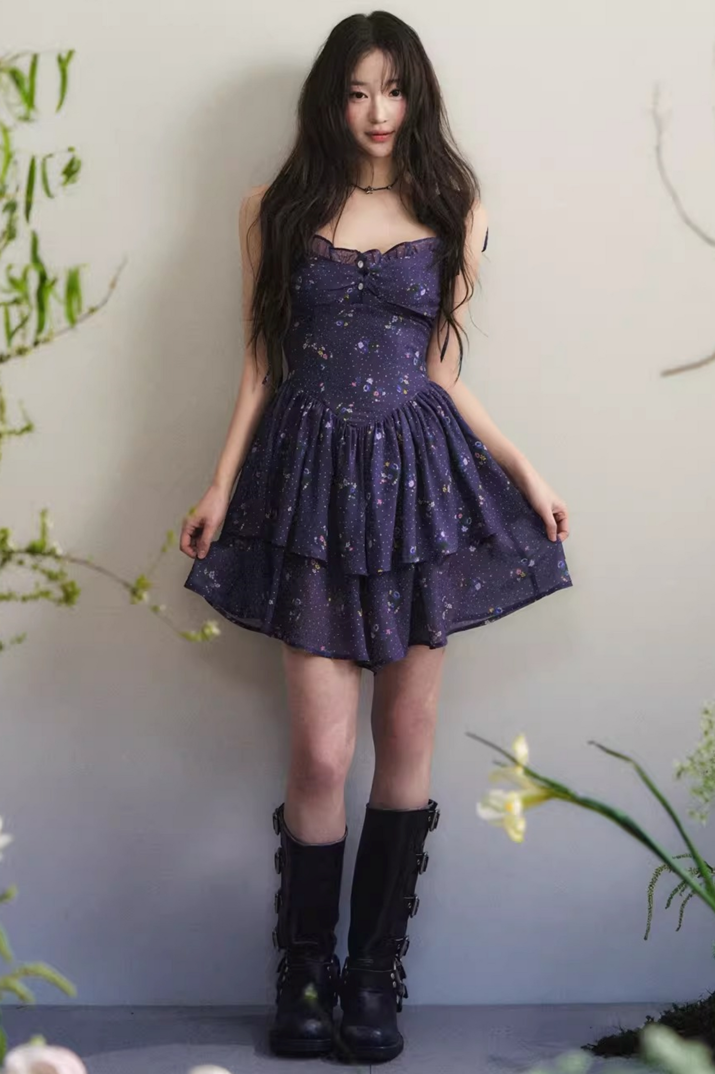 Dark Purple Chiffon Floral Dress