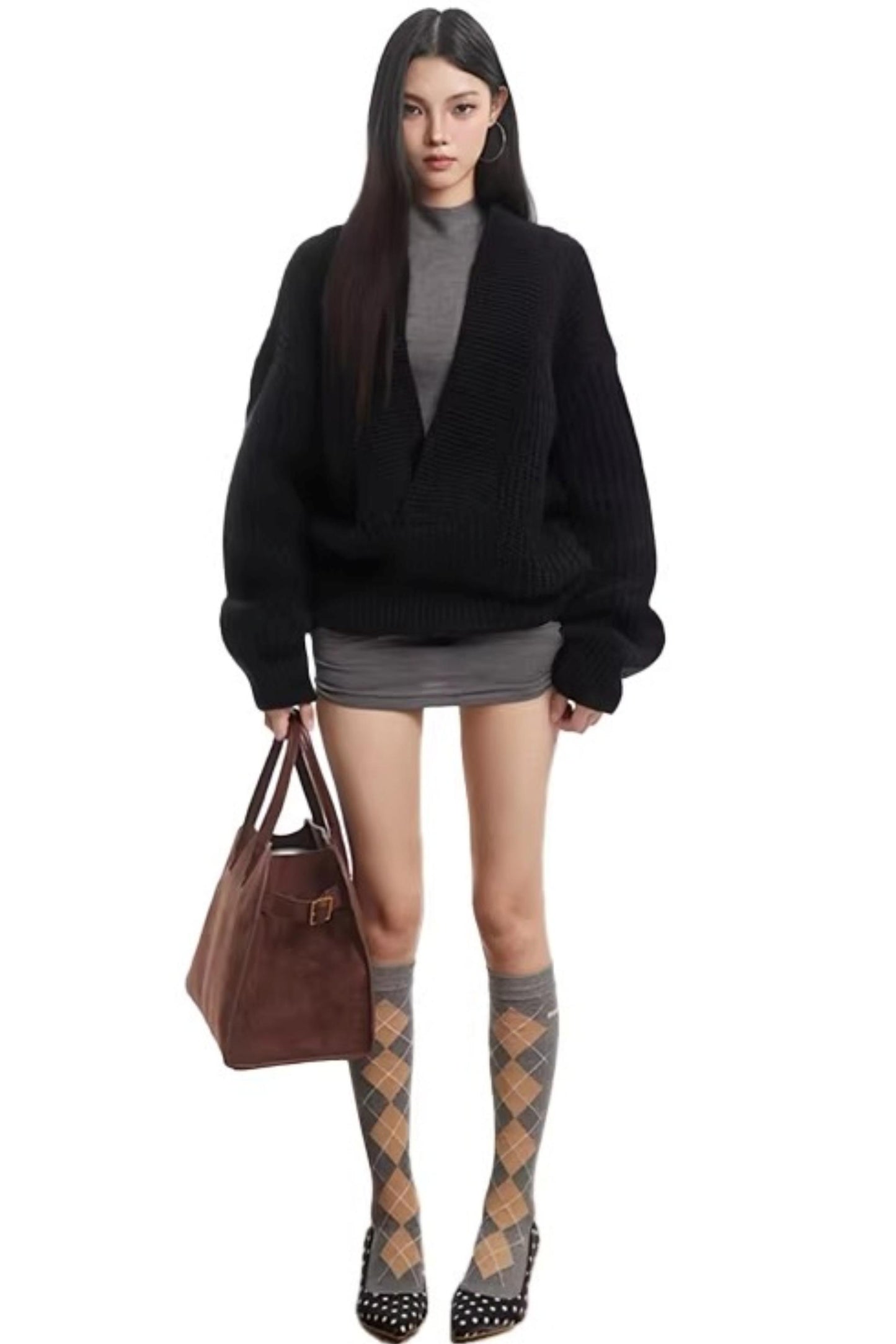 Knitted V Neck Cardigan Dress Set-Up