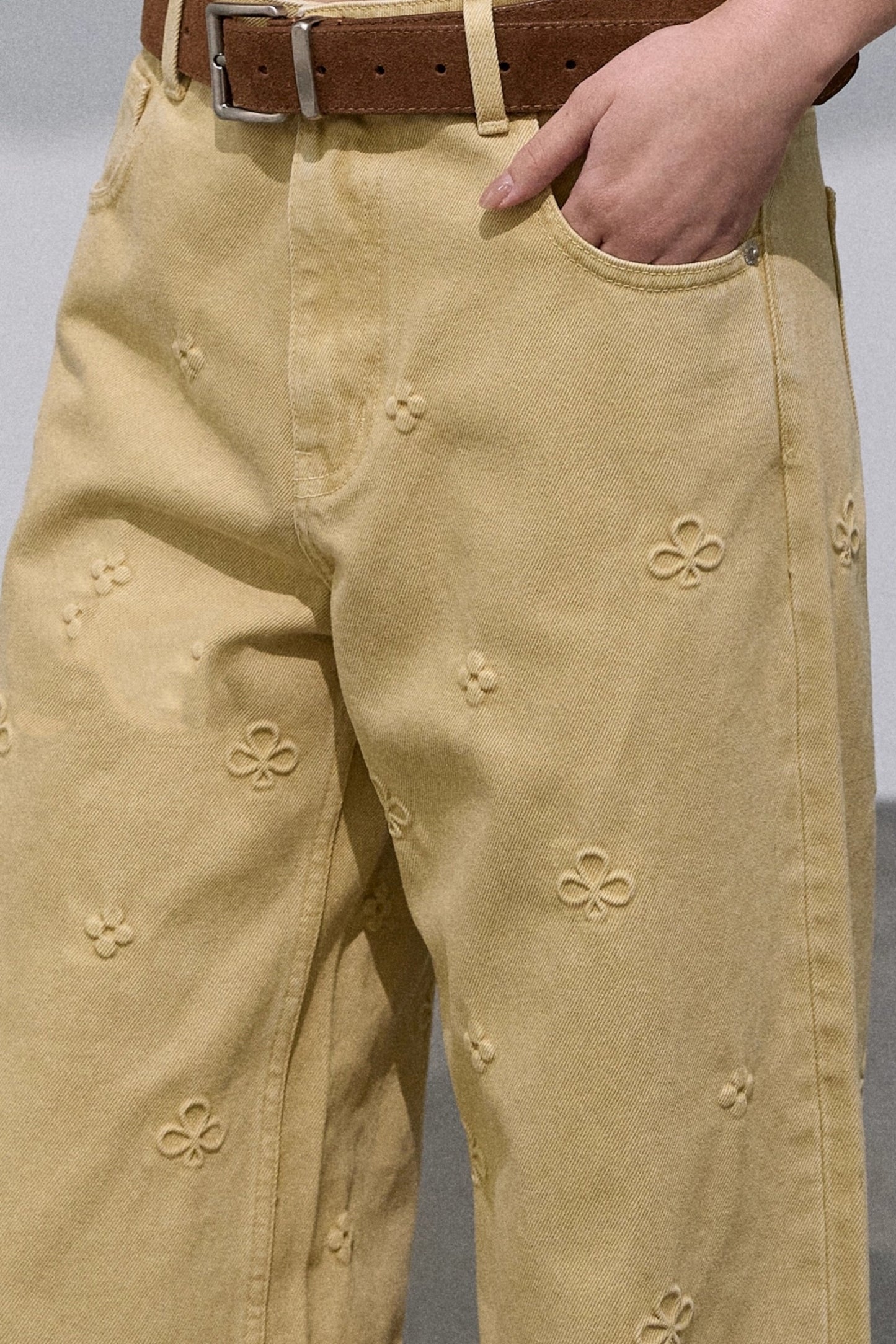 Pure Cotton Embossed High Waist Wide-Leg Jeans