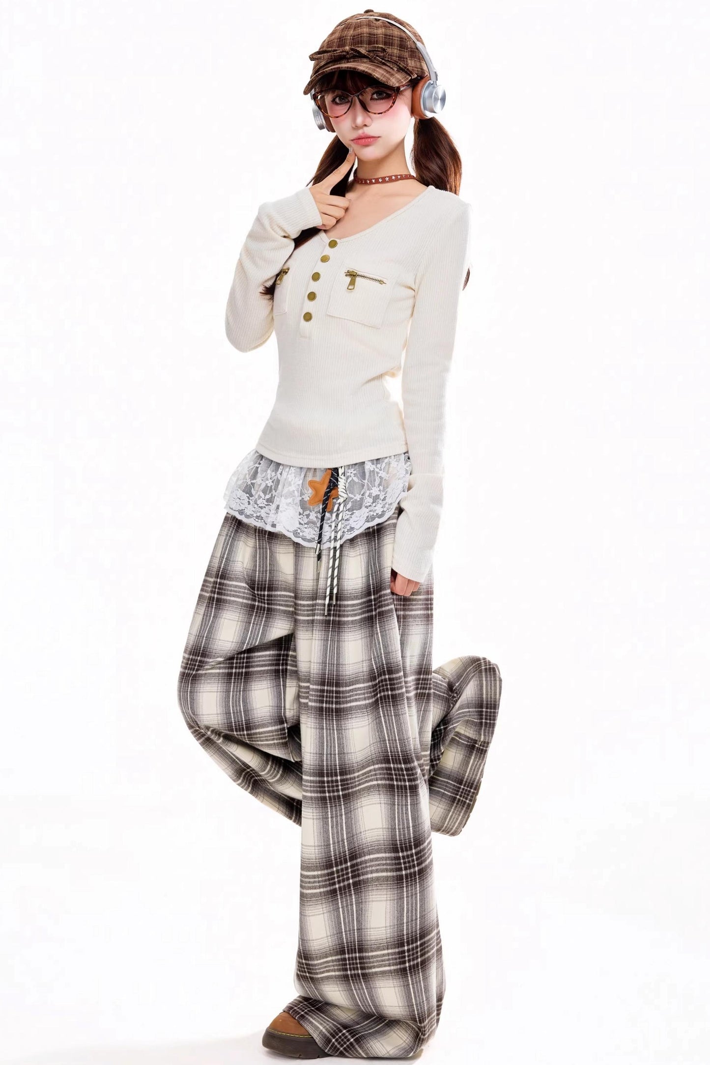 Zipper V-Neck Long-Sleeve Top