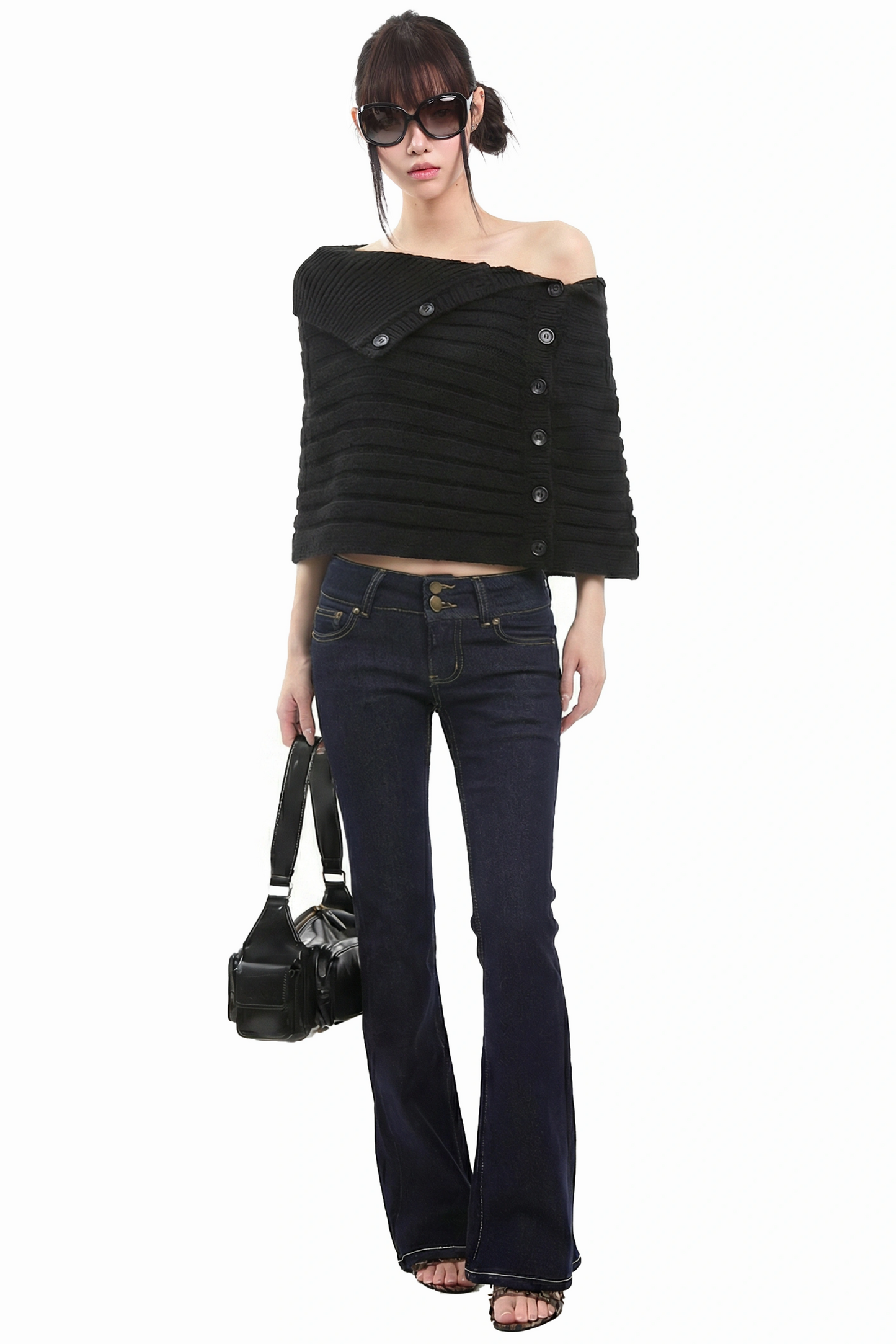 Schwarzer Off-Shoulder Strickpullover