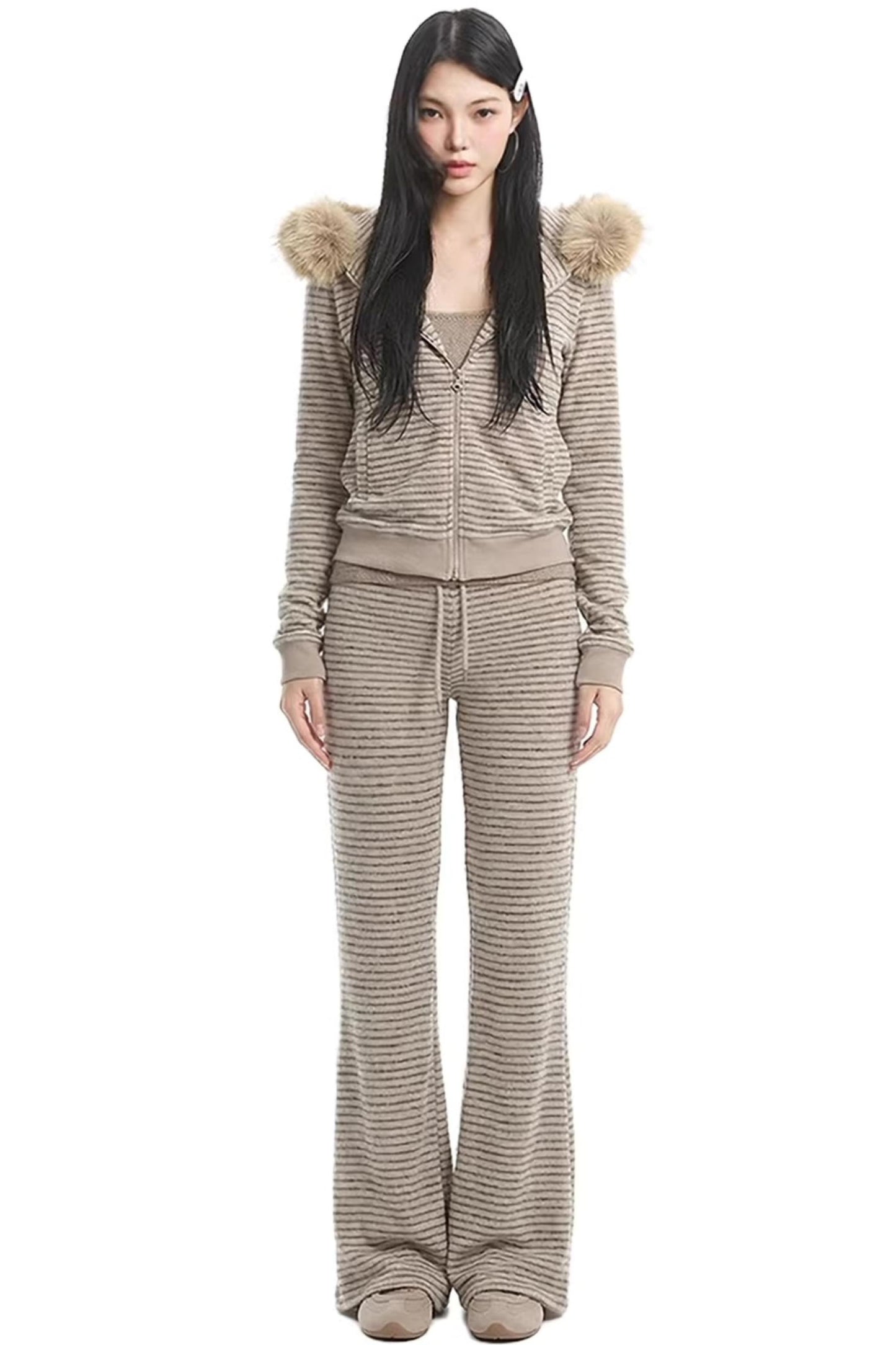 Retro Striped Fur Hooded Jacket Set-Up