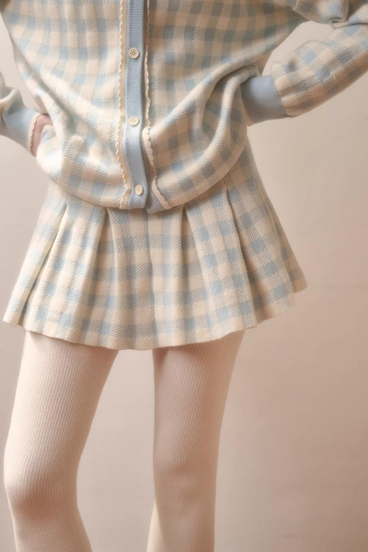 Comfortable Blue Plaid Pleated Jacket Set-Up