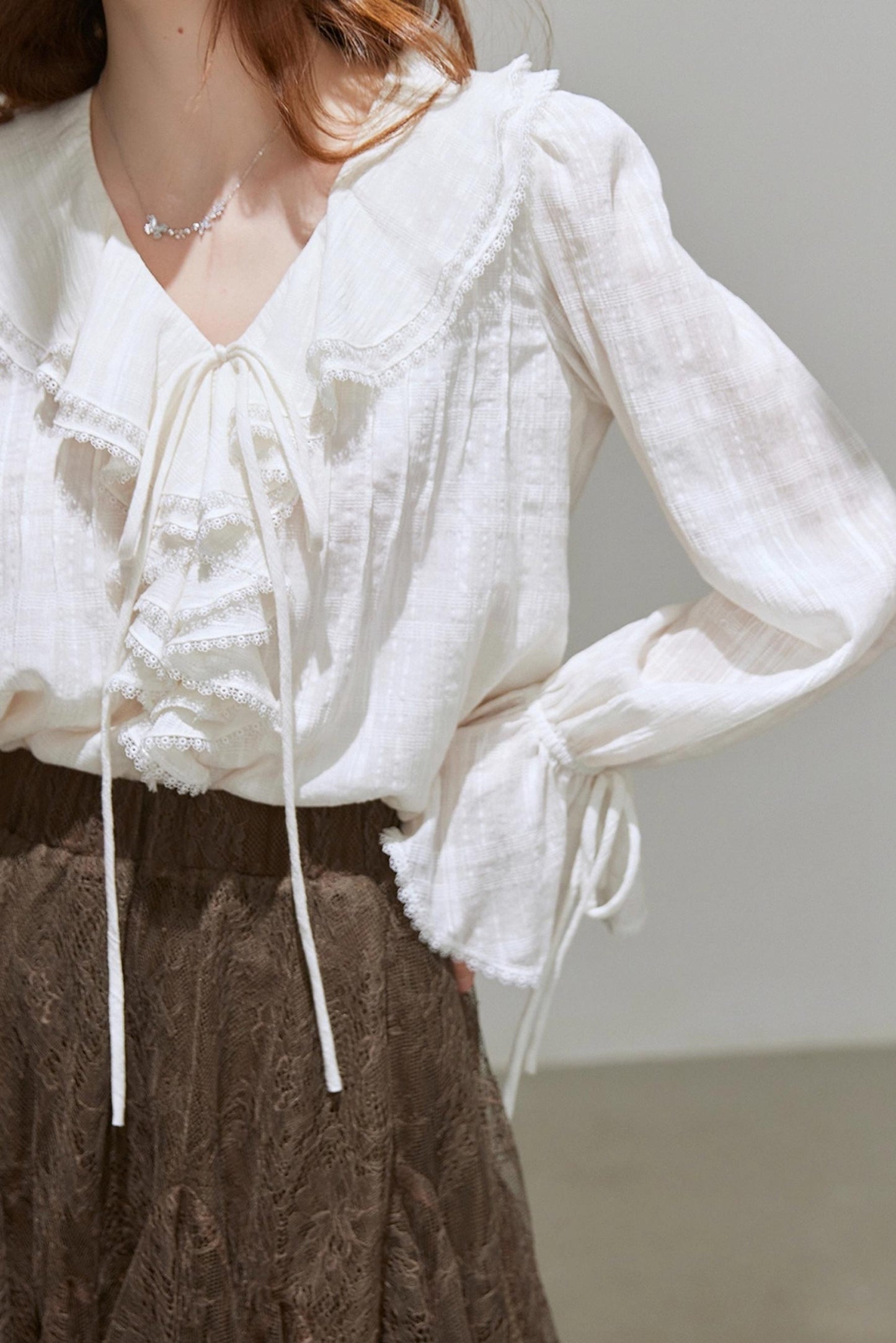 White V-Neck Ruffled French Top Shirt