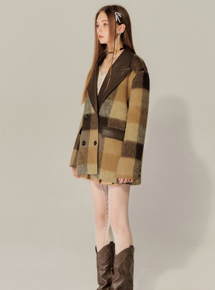 Plaid Patchwork Leather Varsity Coat