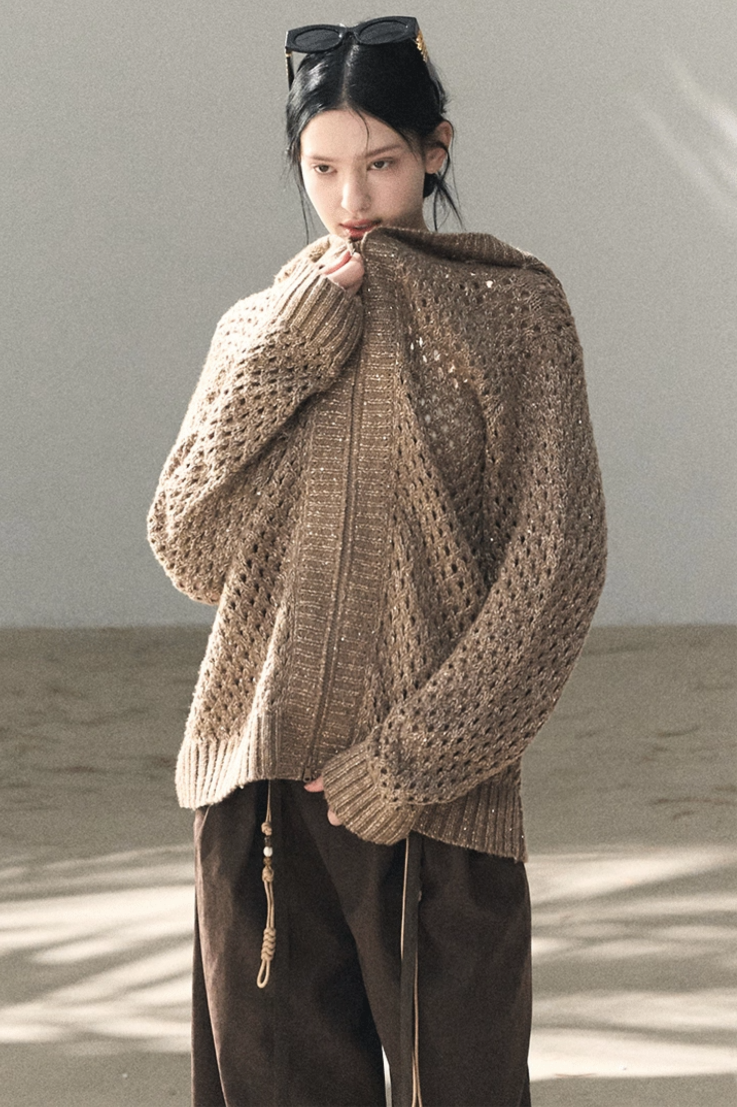 Pleated Micro-Velvet Long Pants