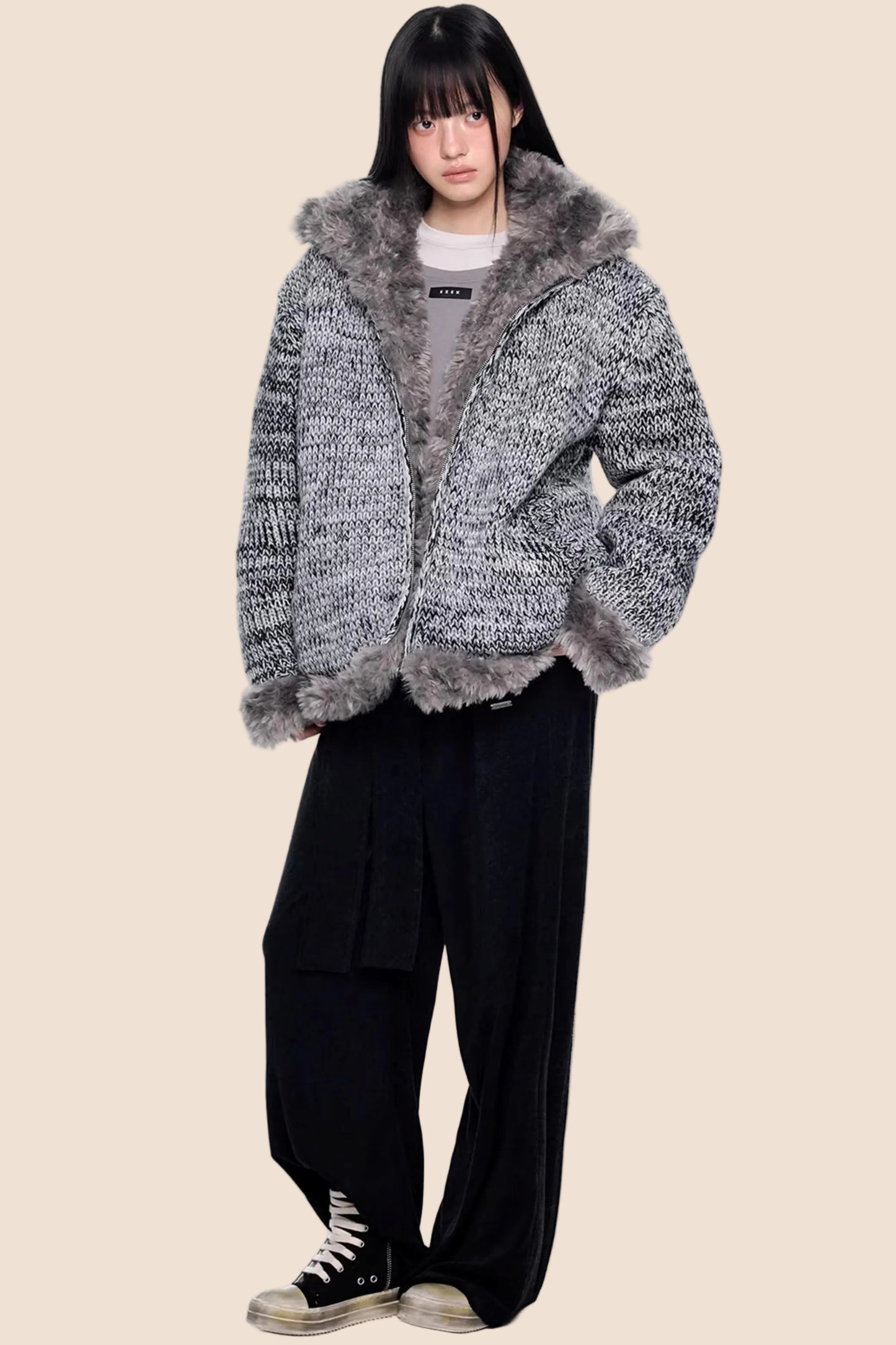 Fur Collar Knitted Reversible Jacket