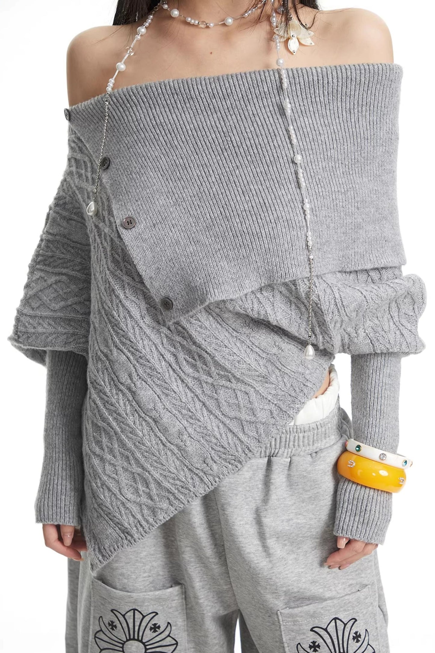 White One-Shoulder Knitted Sweater