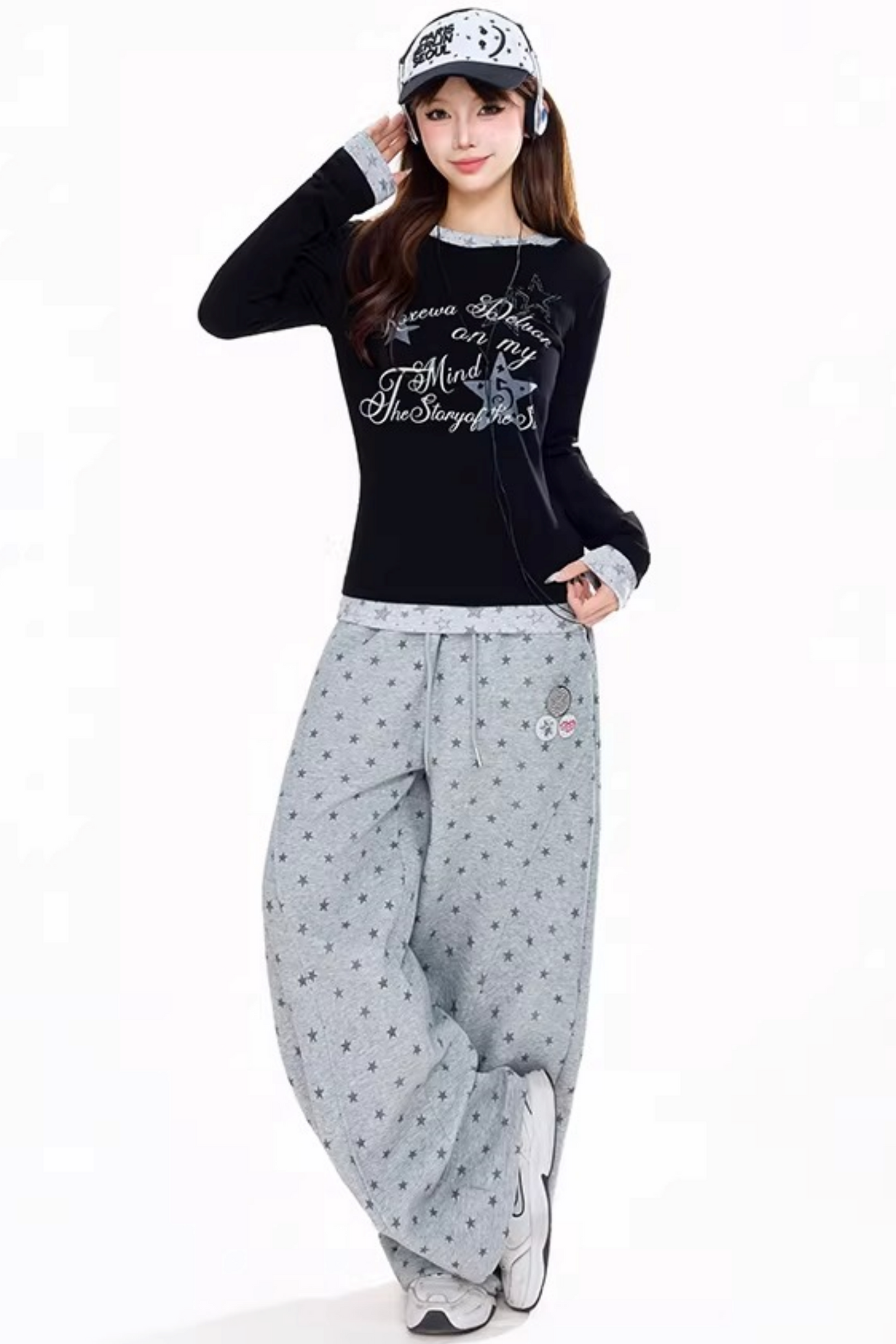 회색 별 프린트 스웨트팬츠