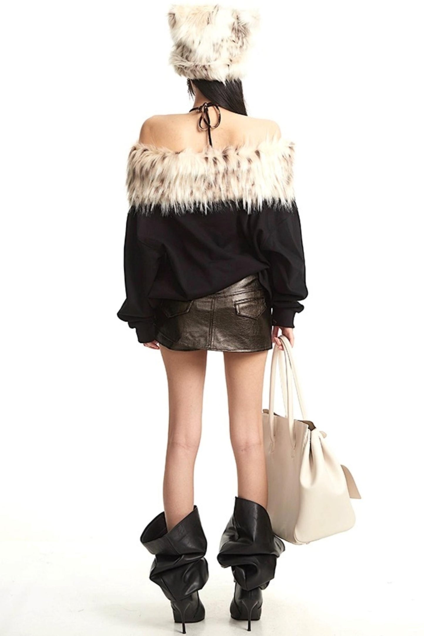 Vintage Apricot One-Shoulder Fur Collar Sweatshirt