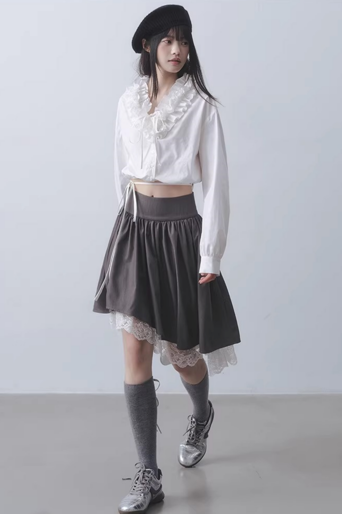 Gray Lace Asymmetrical Skirt