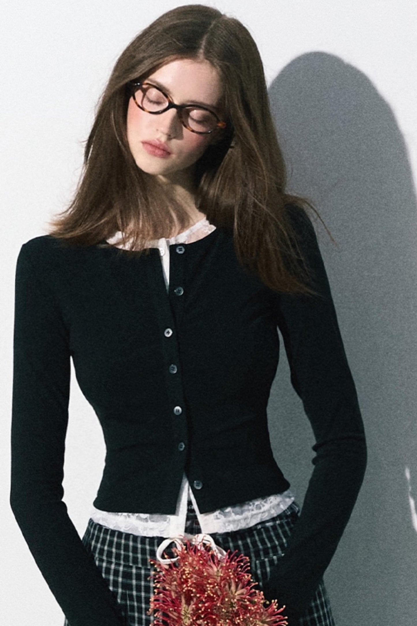 레이스 레이어드 가짜 투피스 니트 탑