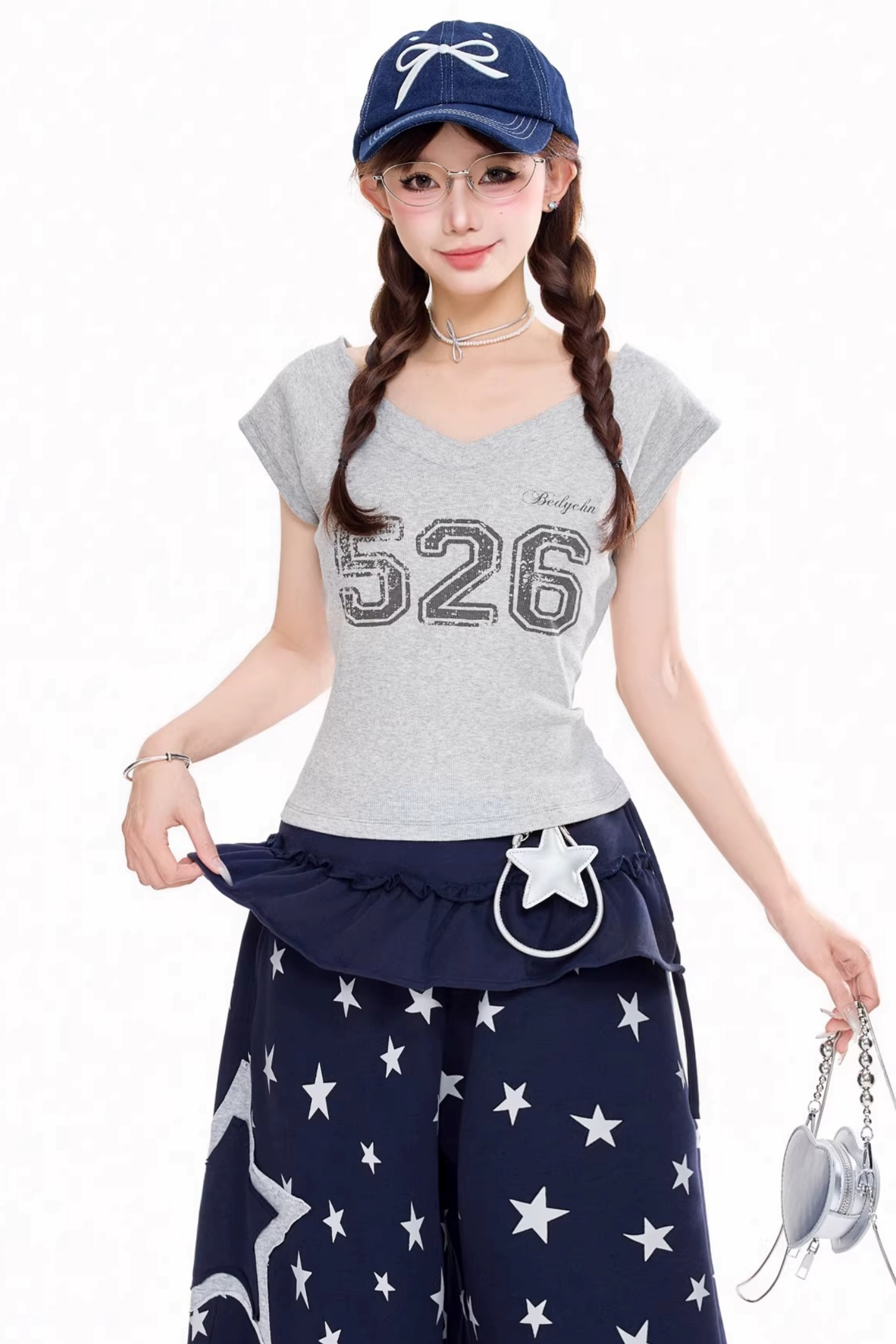 Retro Digital Print V-Neck Top