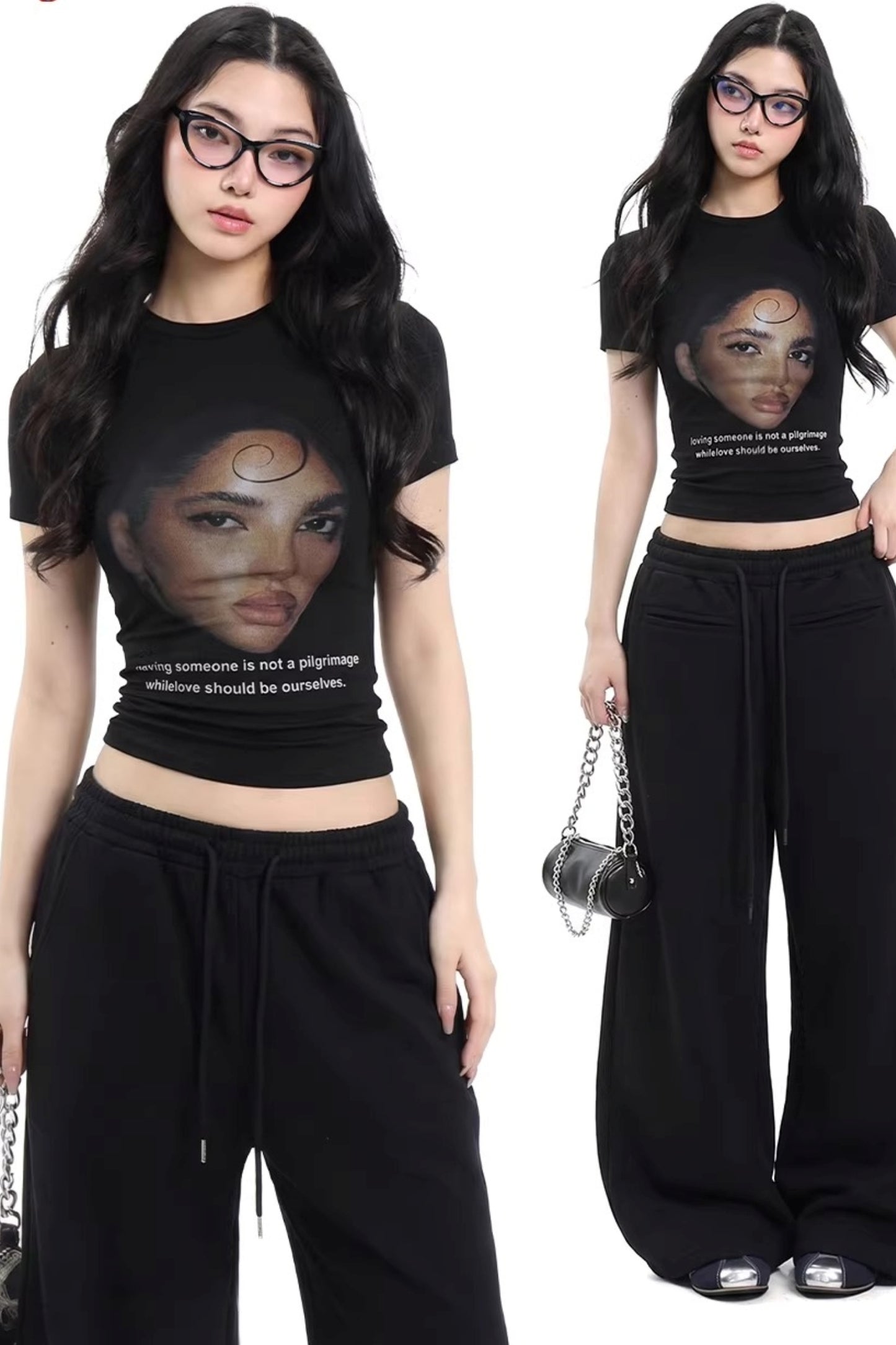 Retro Black Slim-Fitting Printed Top
