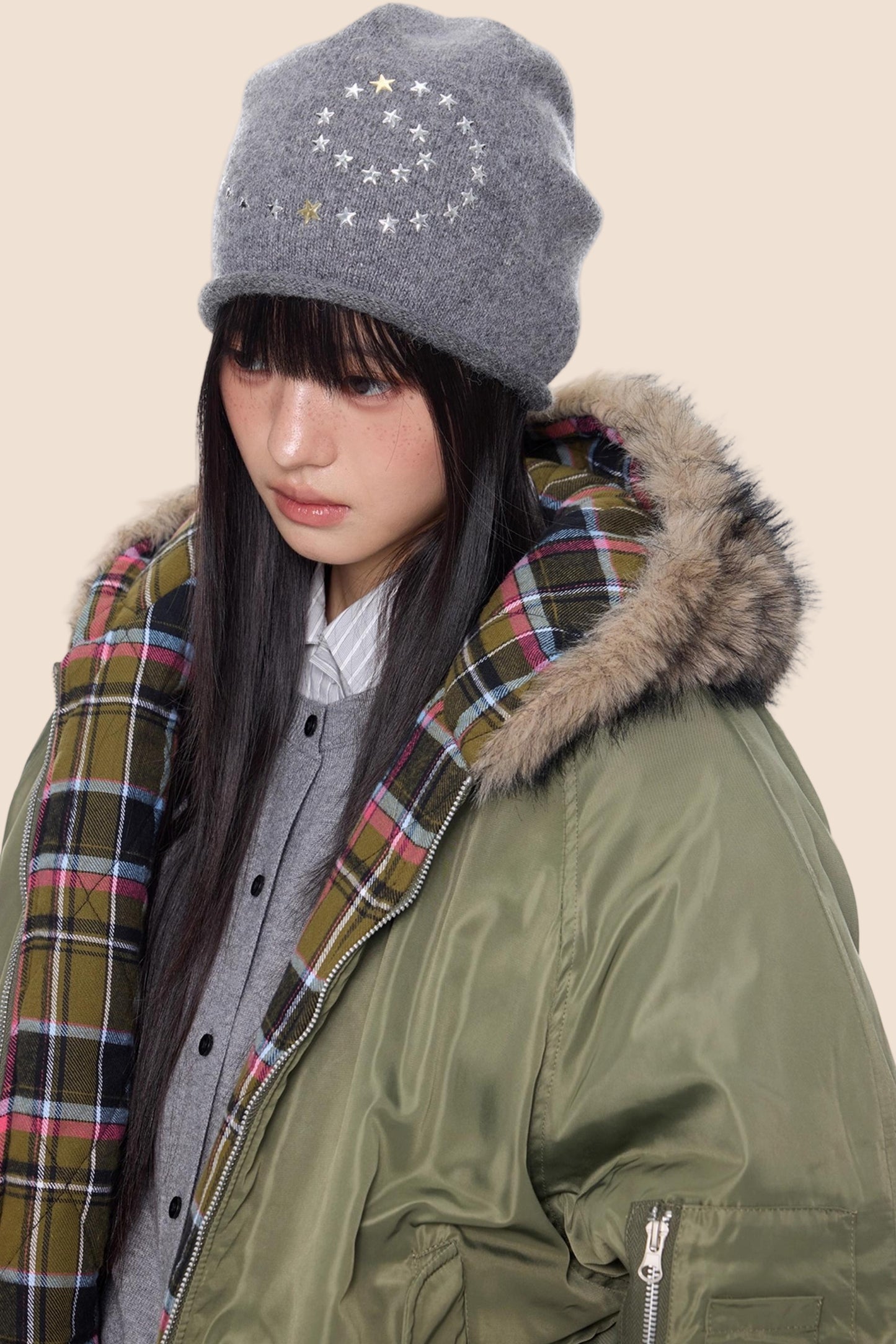 Fur Collar Plaid Parka Jacket