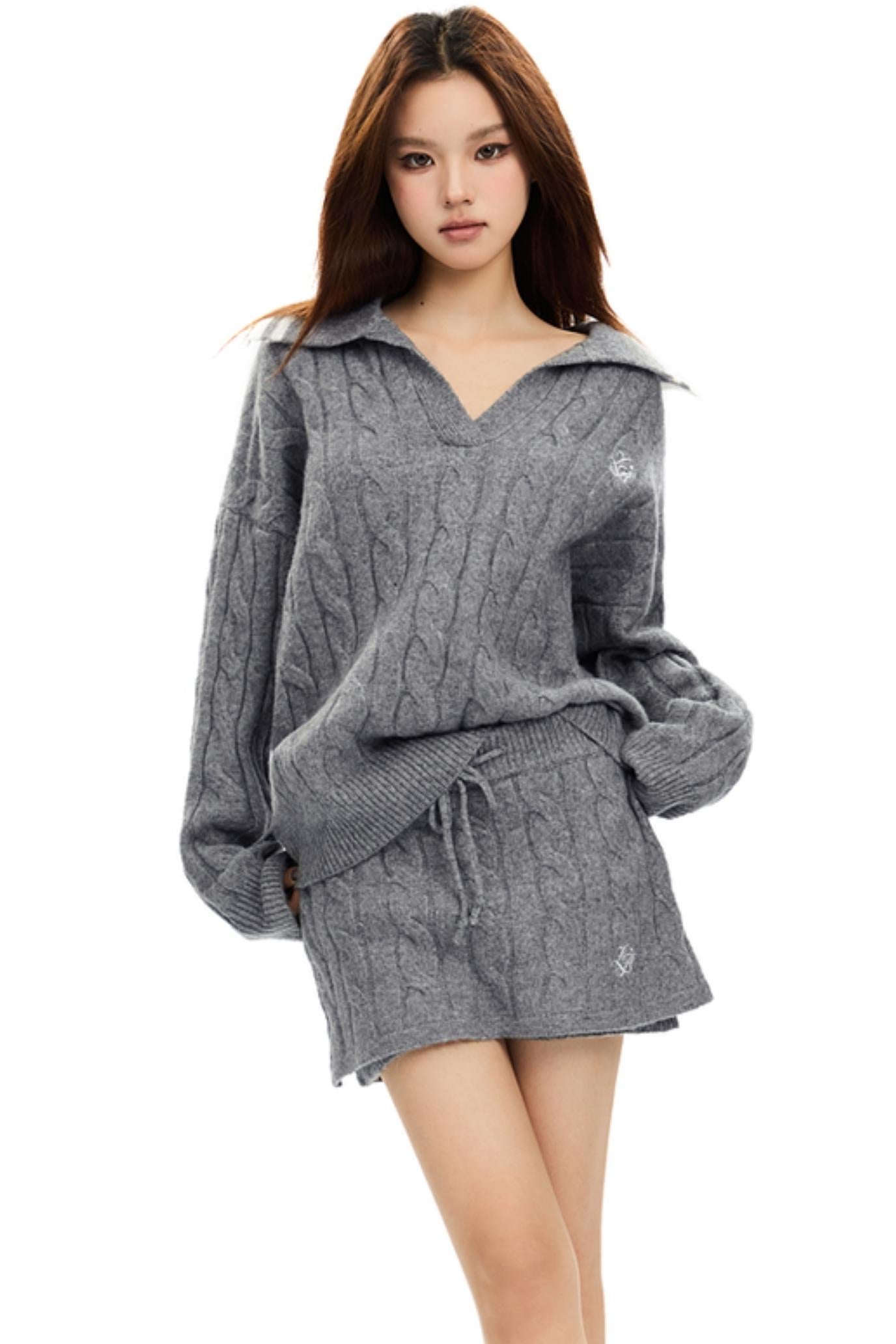 빈티지 롤오버 스웨터 & 스커트 세트