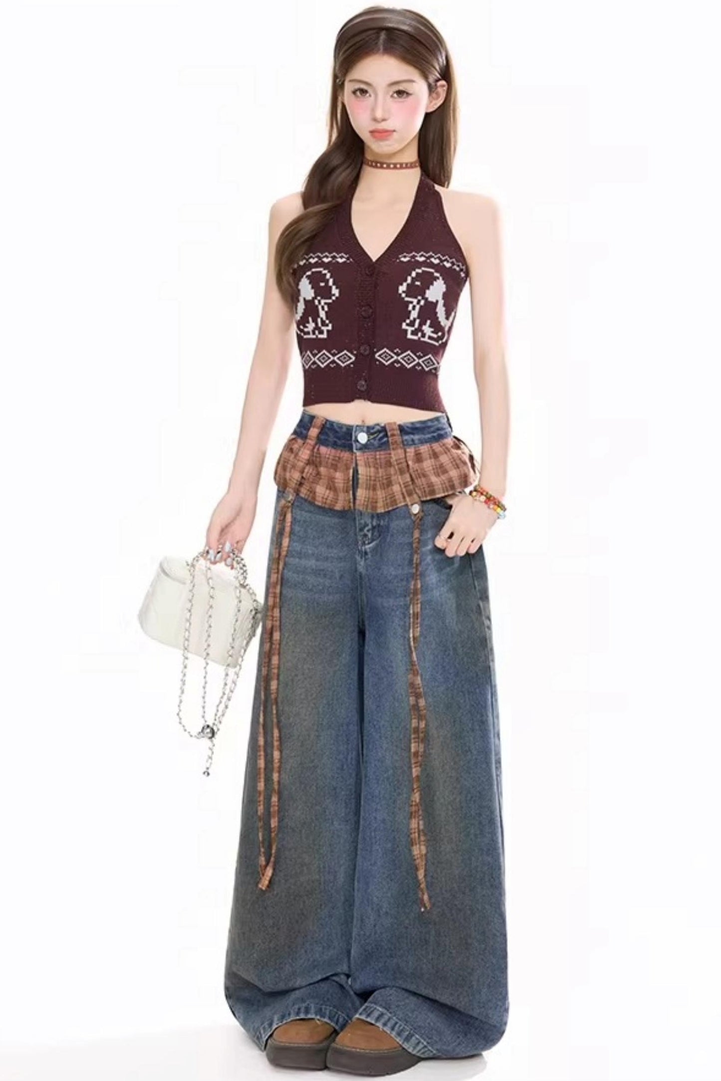 레트로 체크 패치워크 청바지