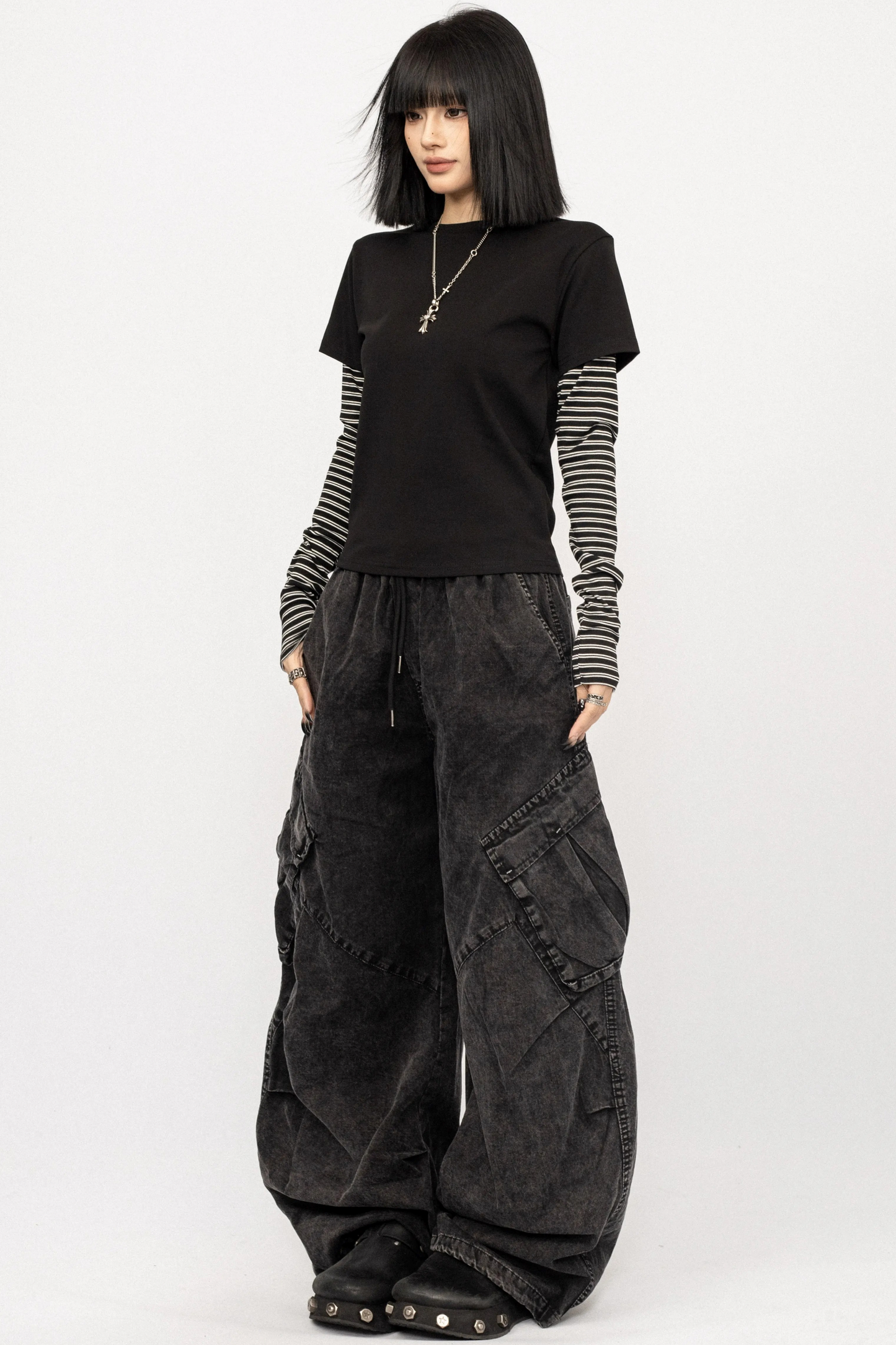 Washed Black-Gray Wide-Leg Jeans