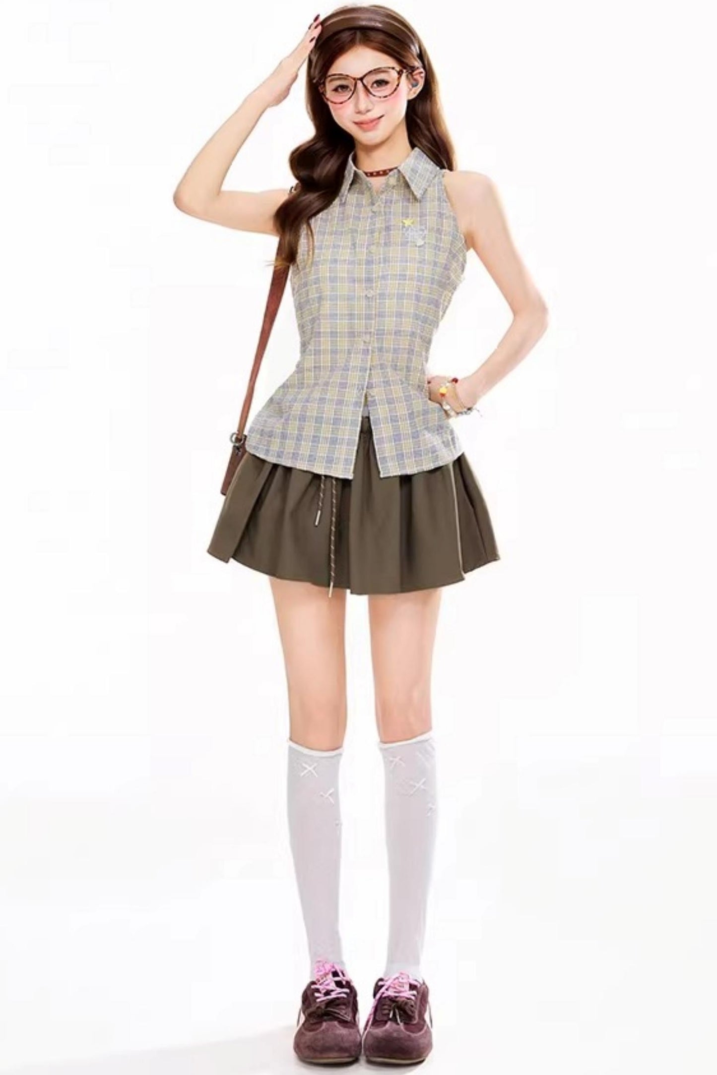 Retro Plaid Sleeveless Blouse