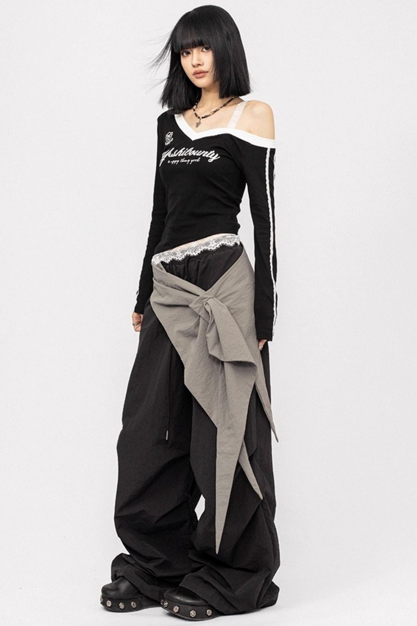 Lace Stitching Off-the-Shoulder Long Sleeve Top