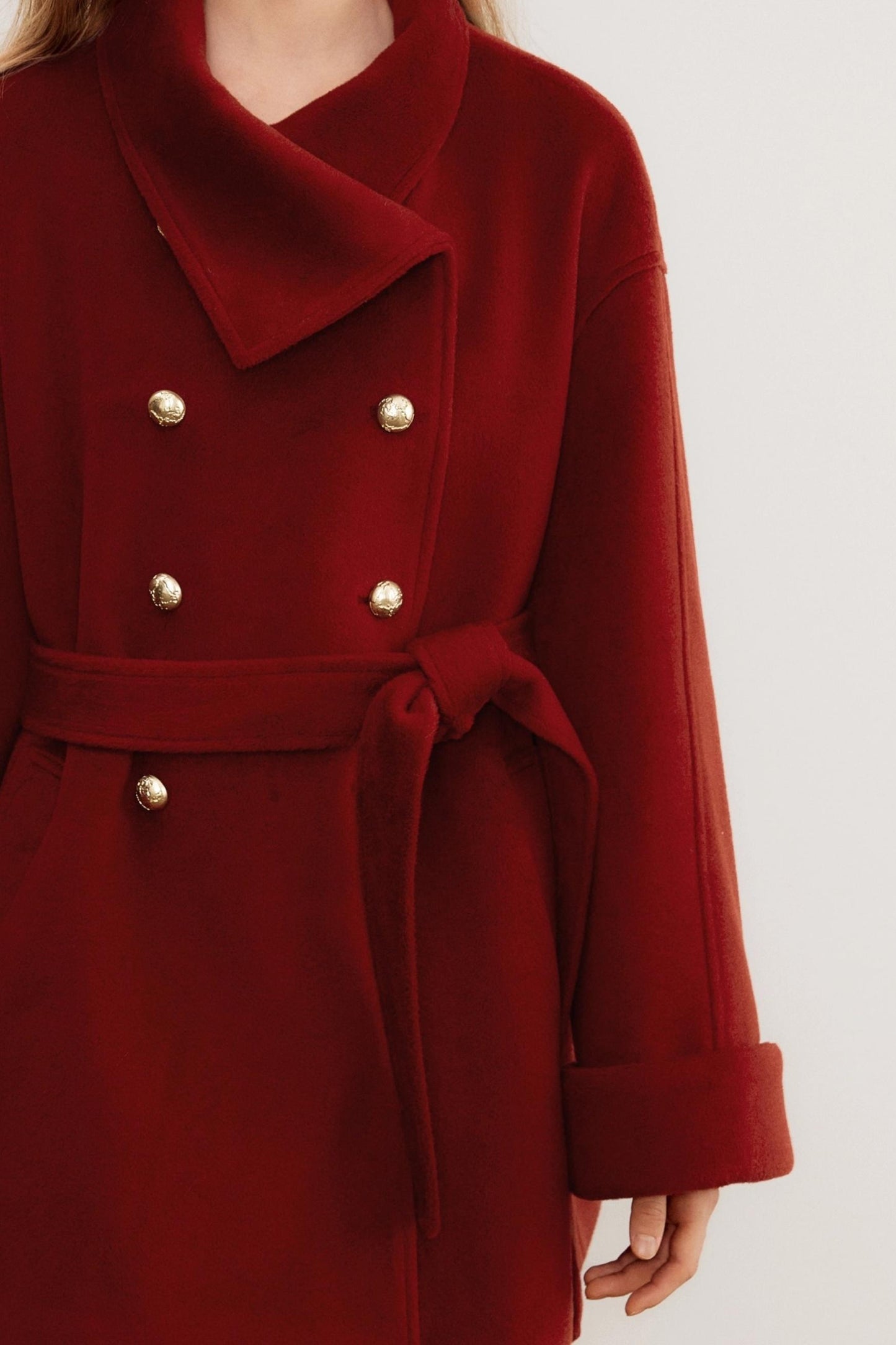 Red Woolen Waist-Cinching Coat