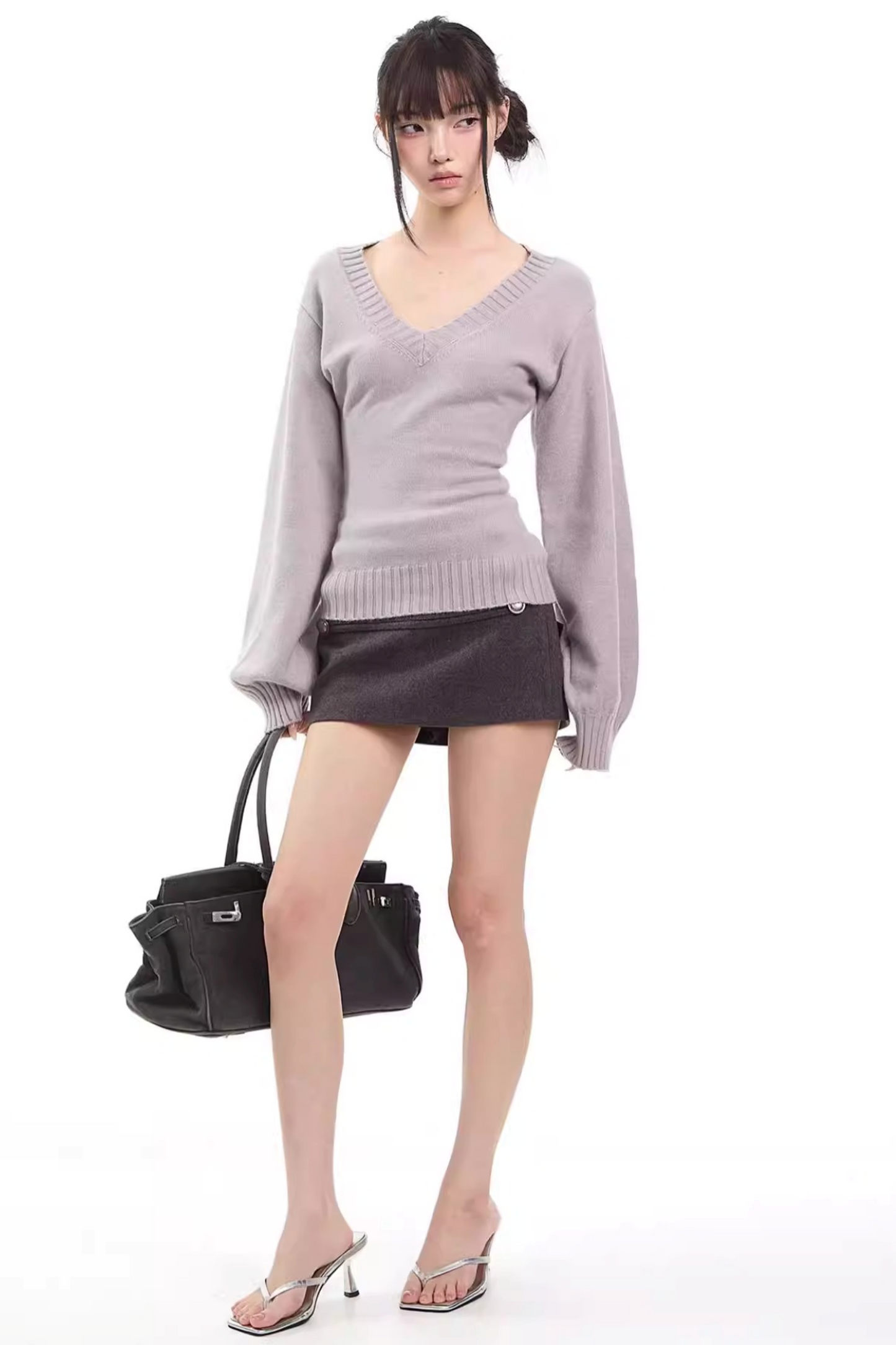 Gray Slim-Fitting V-Neck Sweater