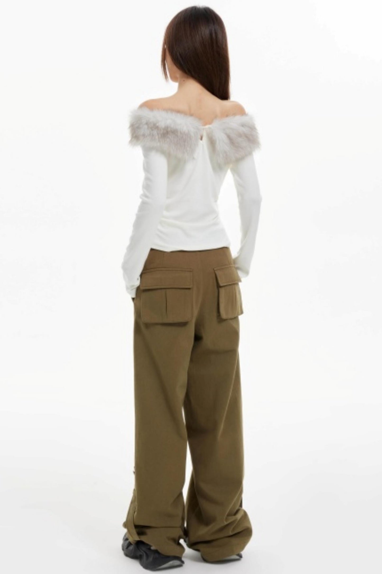 Off-Shoulder Fur Collar Slimming Sleeve Top