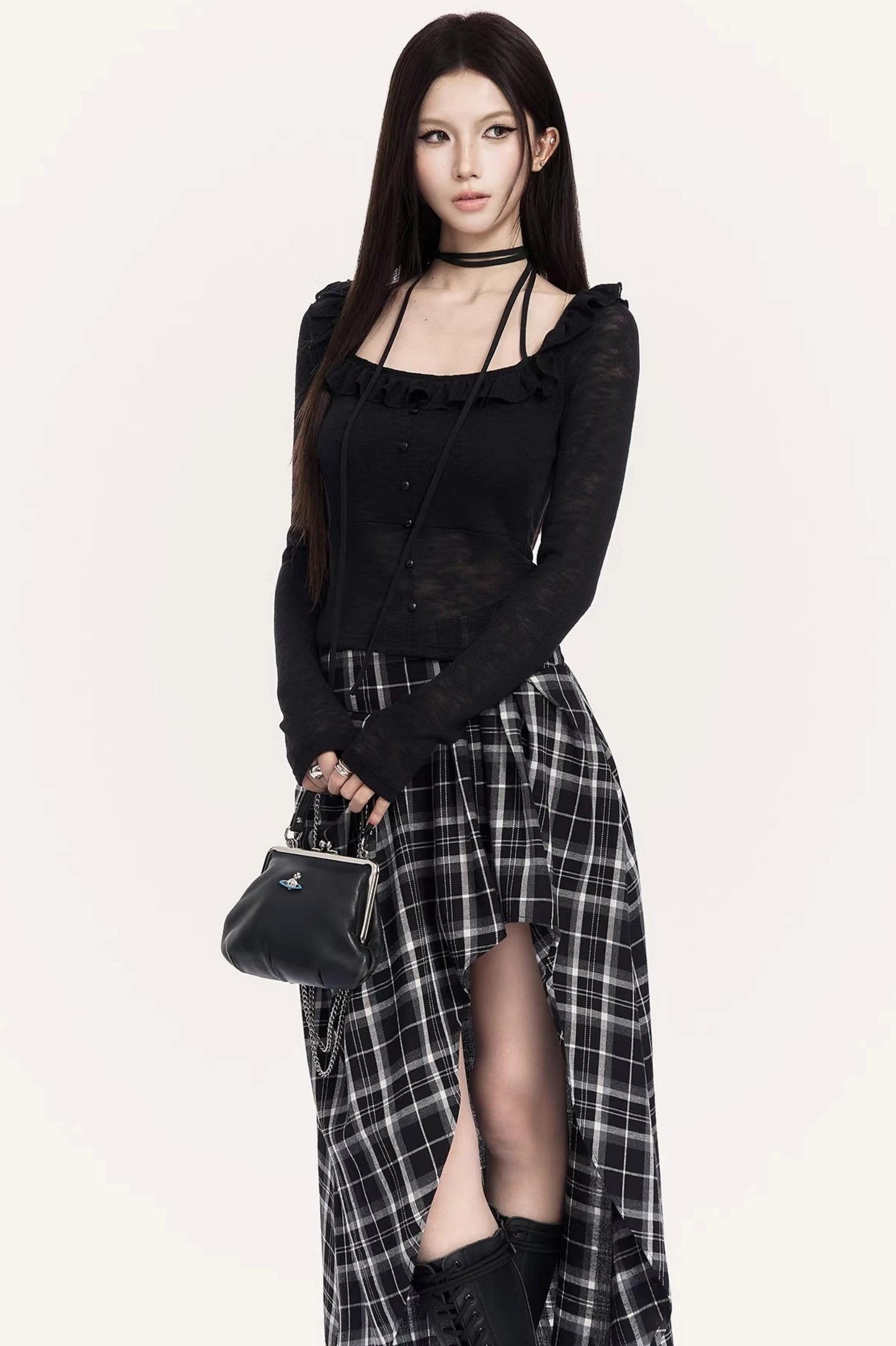 Irregular Plaid Long Skirt