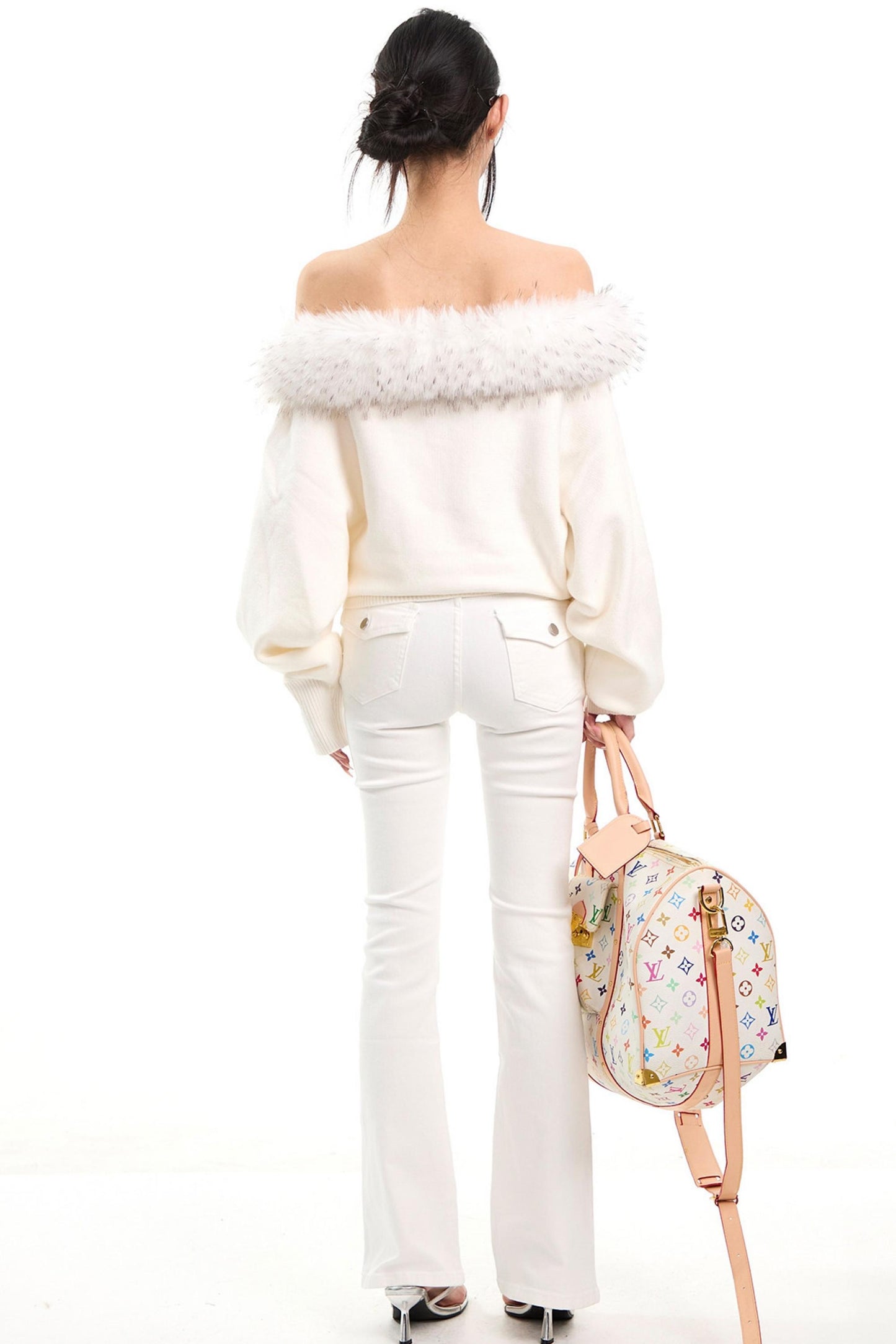 Off-Shoulder Fur Collar Sweater