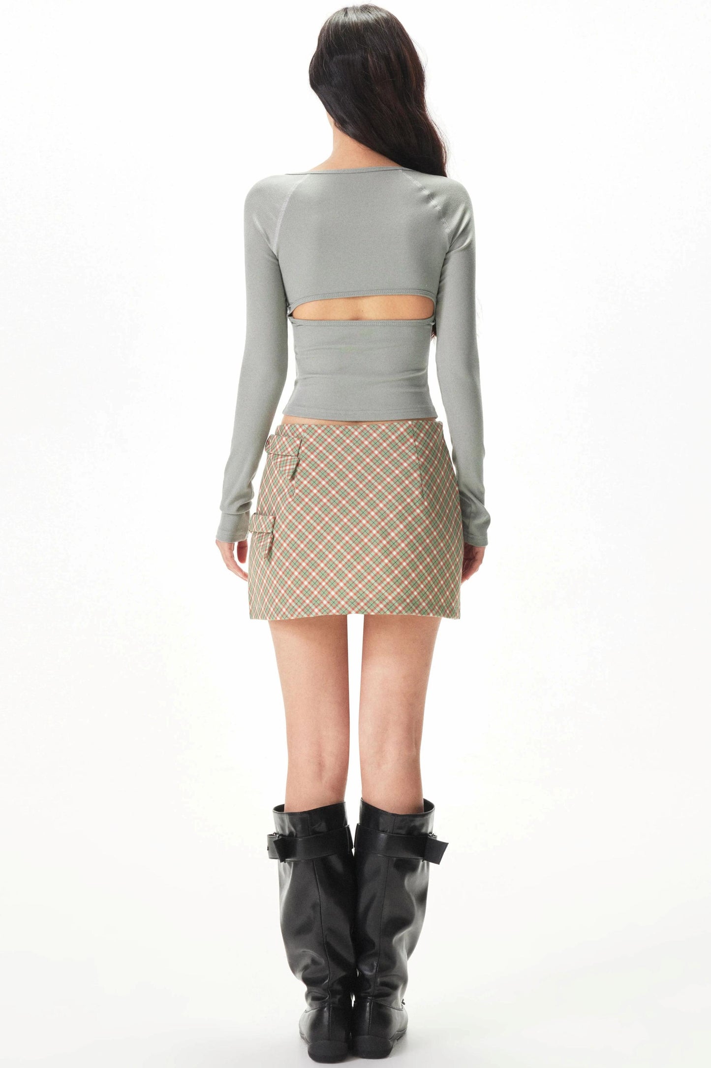 레트로 그린 체크 A라인 스커트