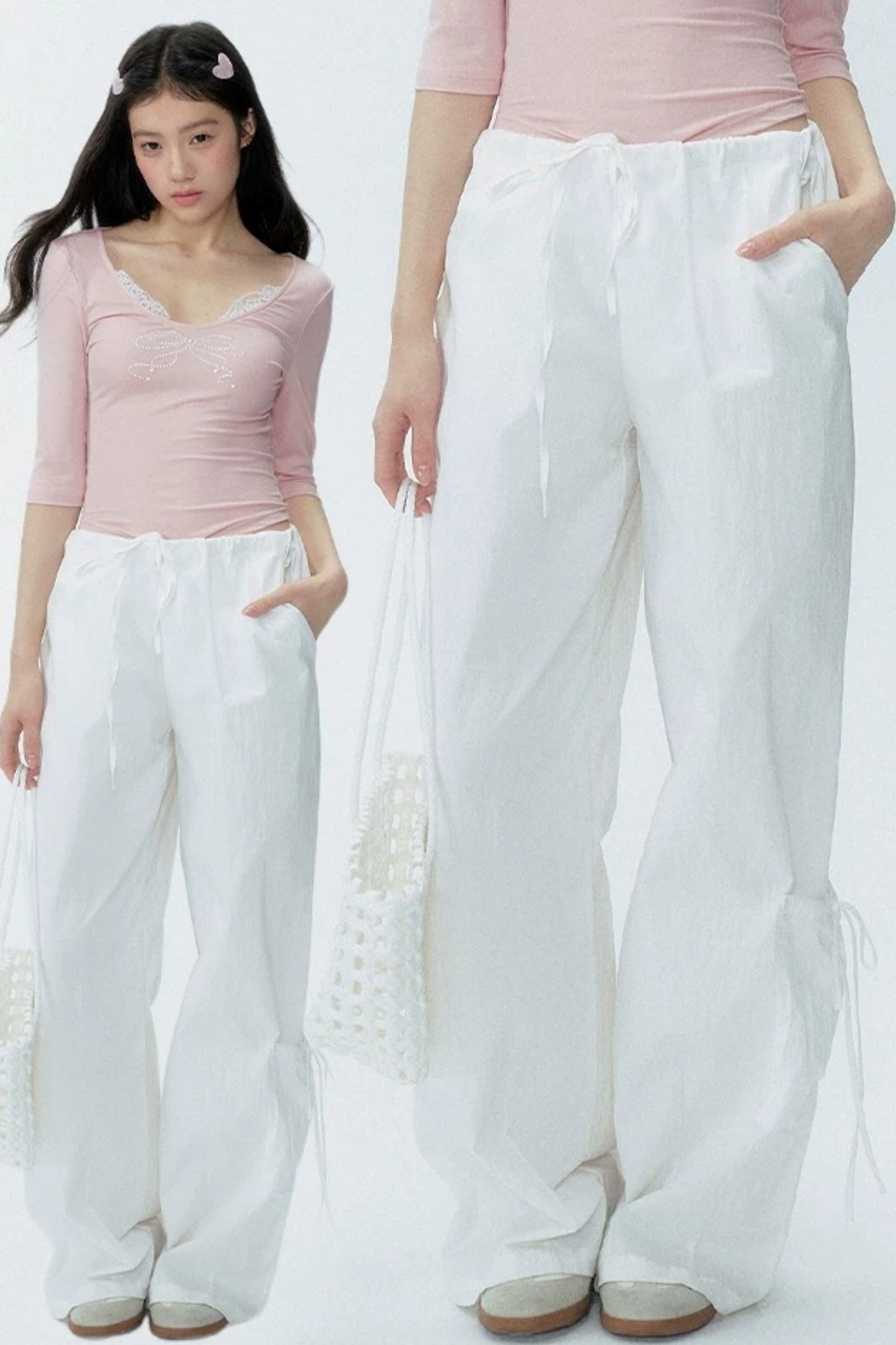 White Drawstring Wide-Leg Pants