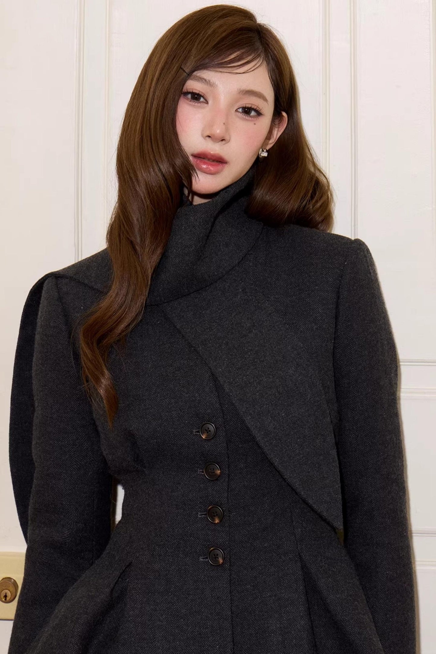 V-Neck Woolen Trench Coat Set