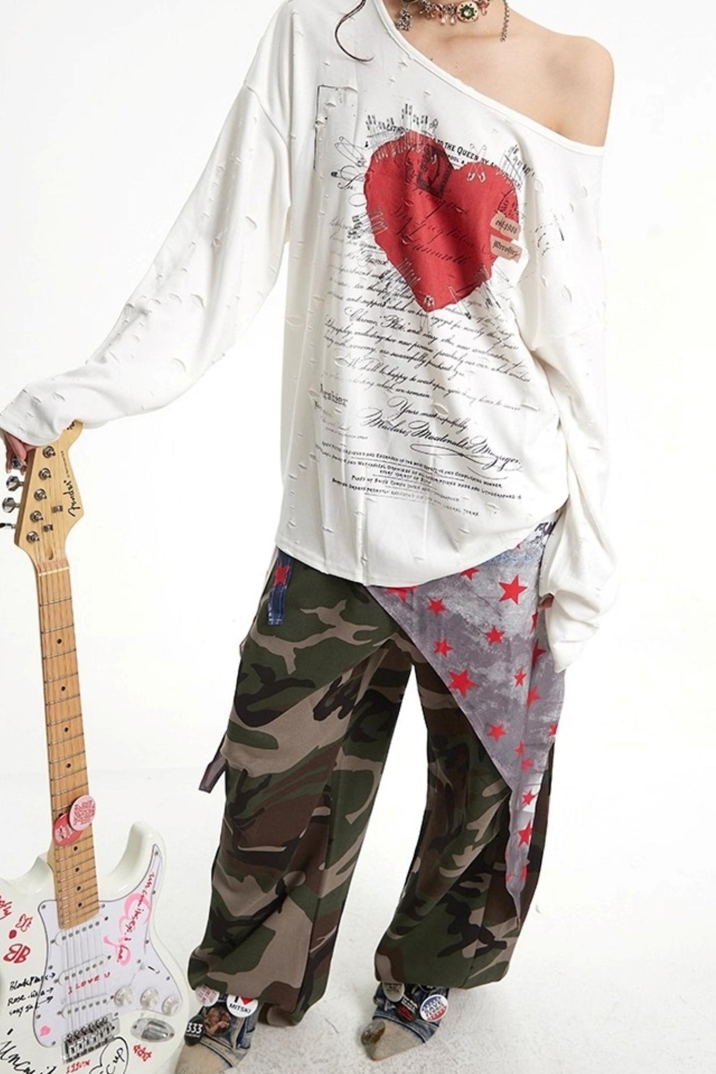 Vintage Love Print Slanted Shoulder T-Shirt