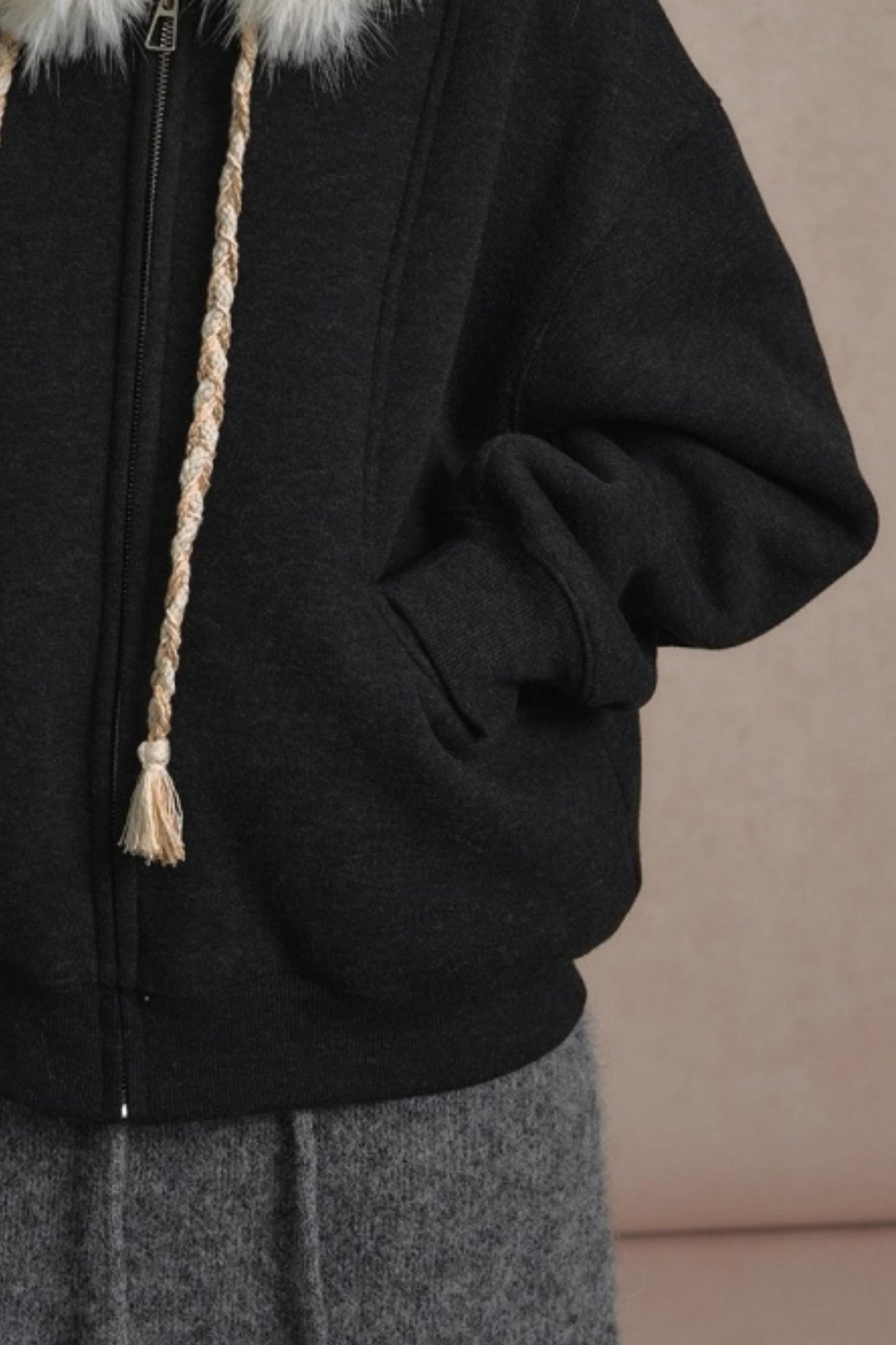 Loose Fur Collar Hooded Zipper Jacket