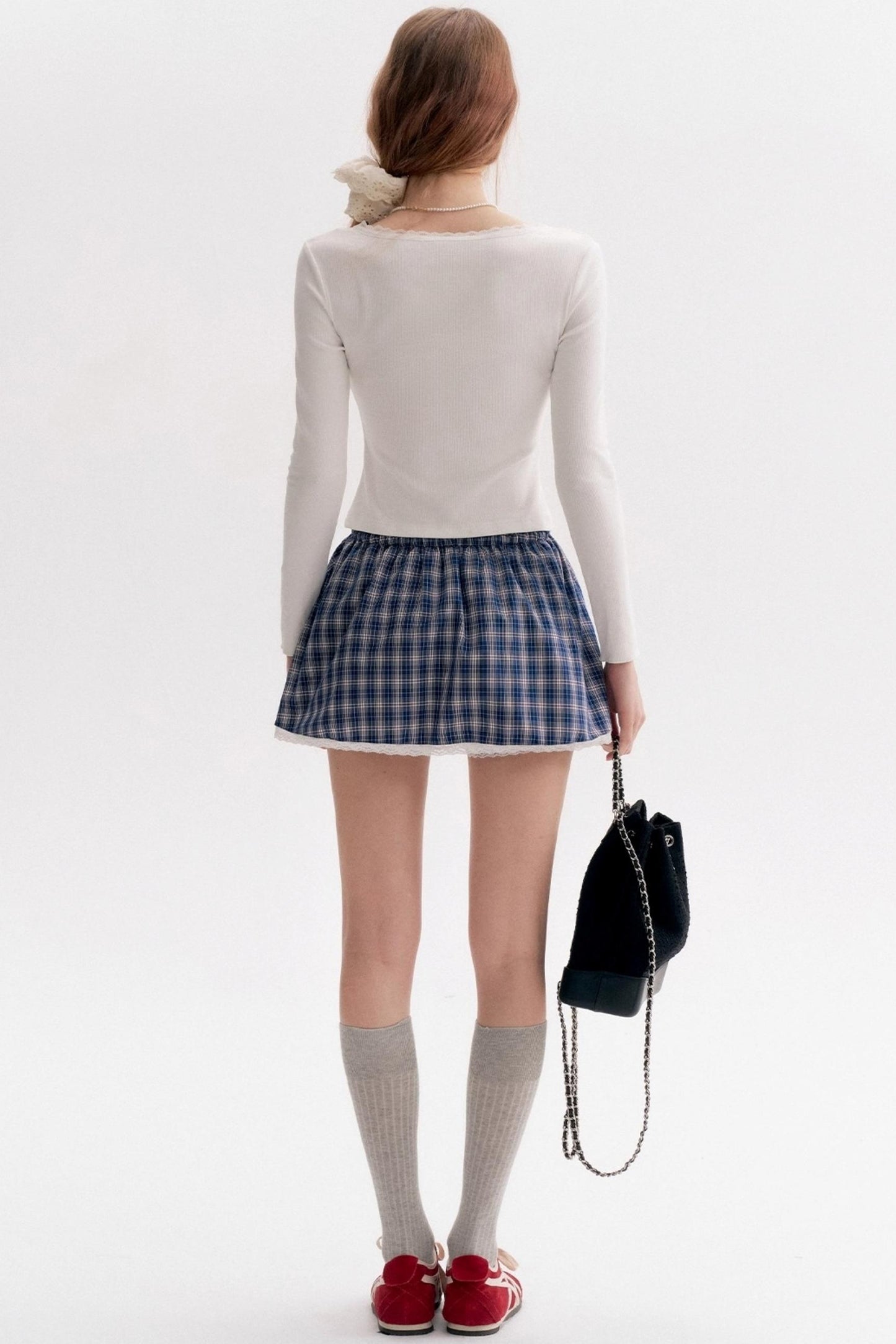 Lace Stitching Check Short Skirt