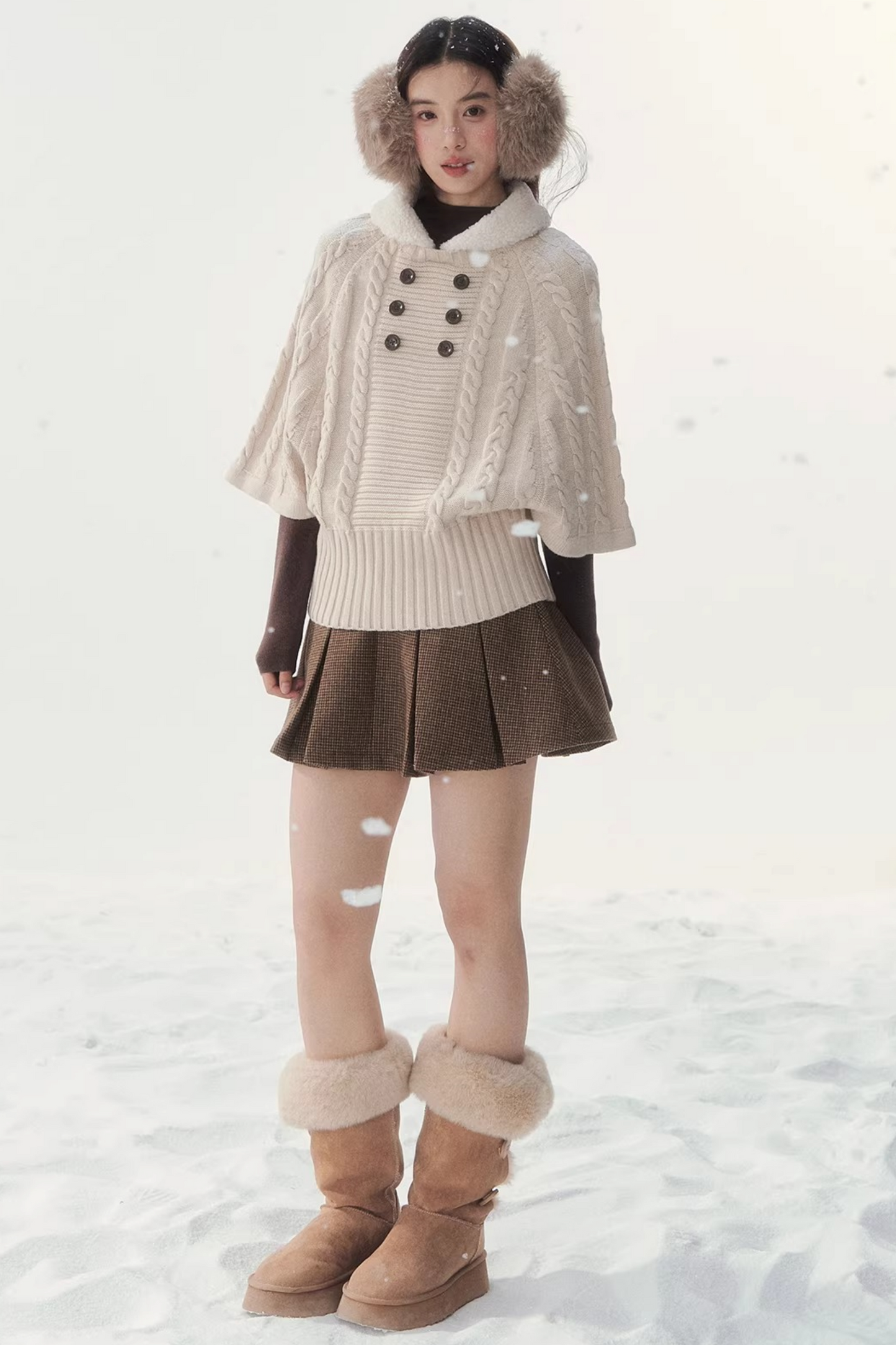 Coffee-Colored Fur Collar Cape Sweater