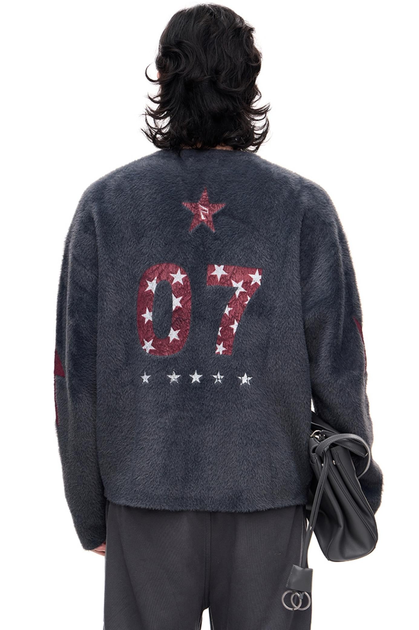 Badge Print Faux Mink Sweater