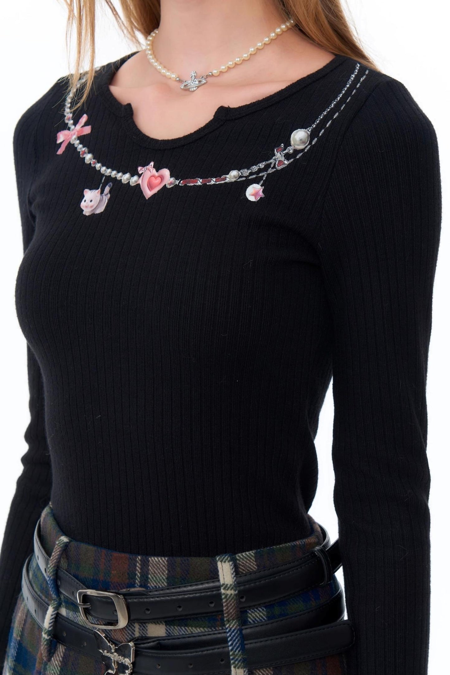 Retro-Halsketten-Druck gestricktes Shirt