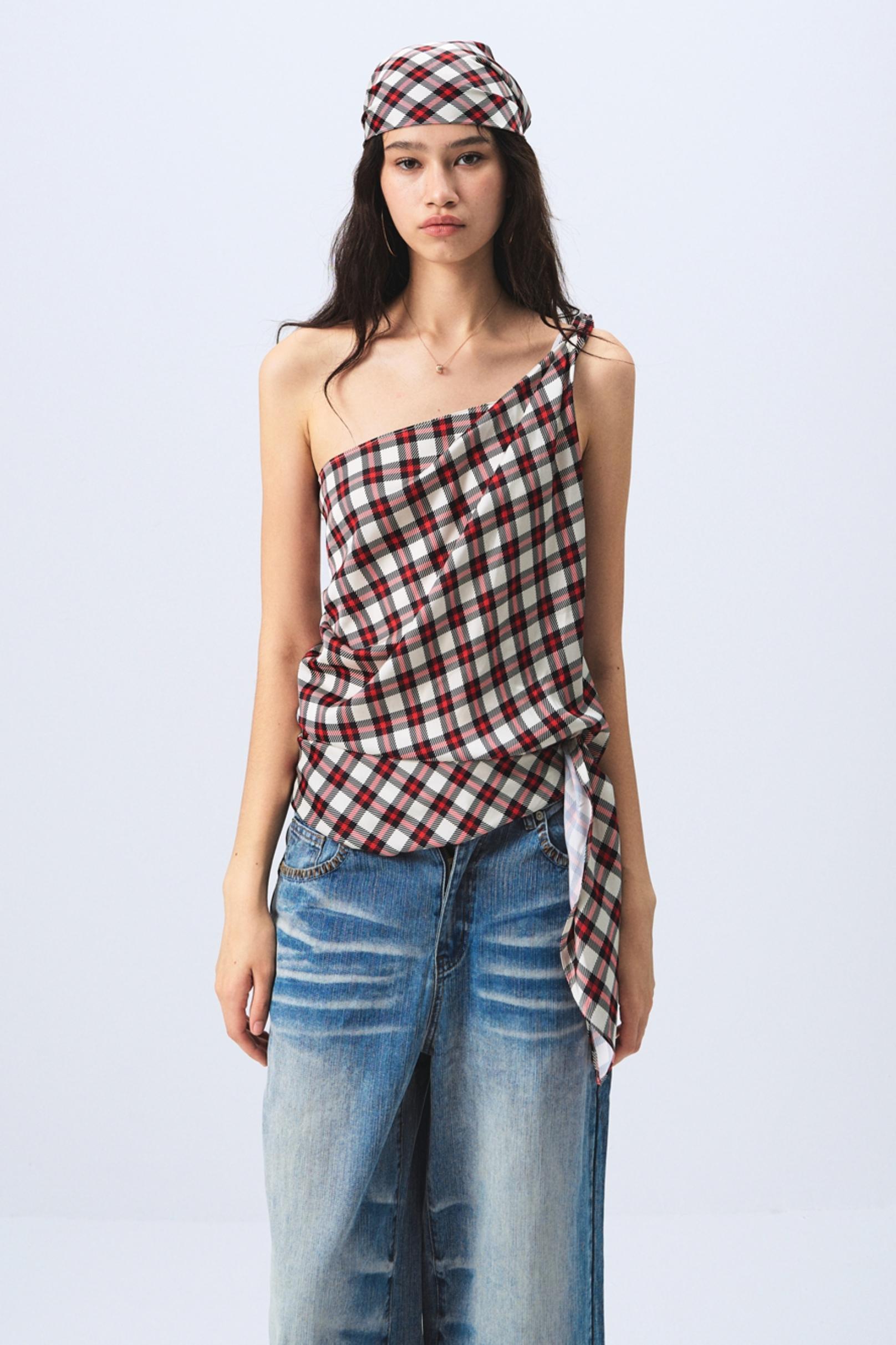 Plaid Tie-Front Sleeveless Top