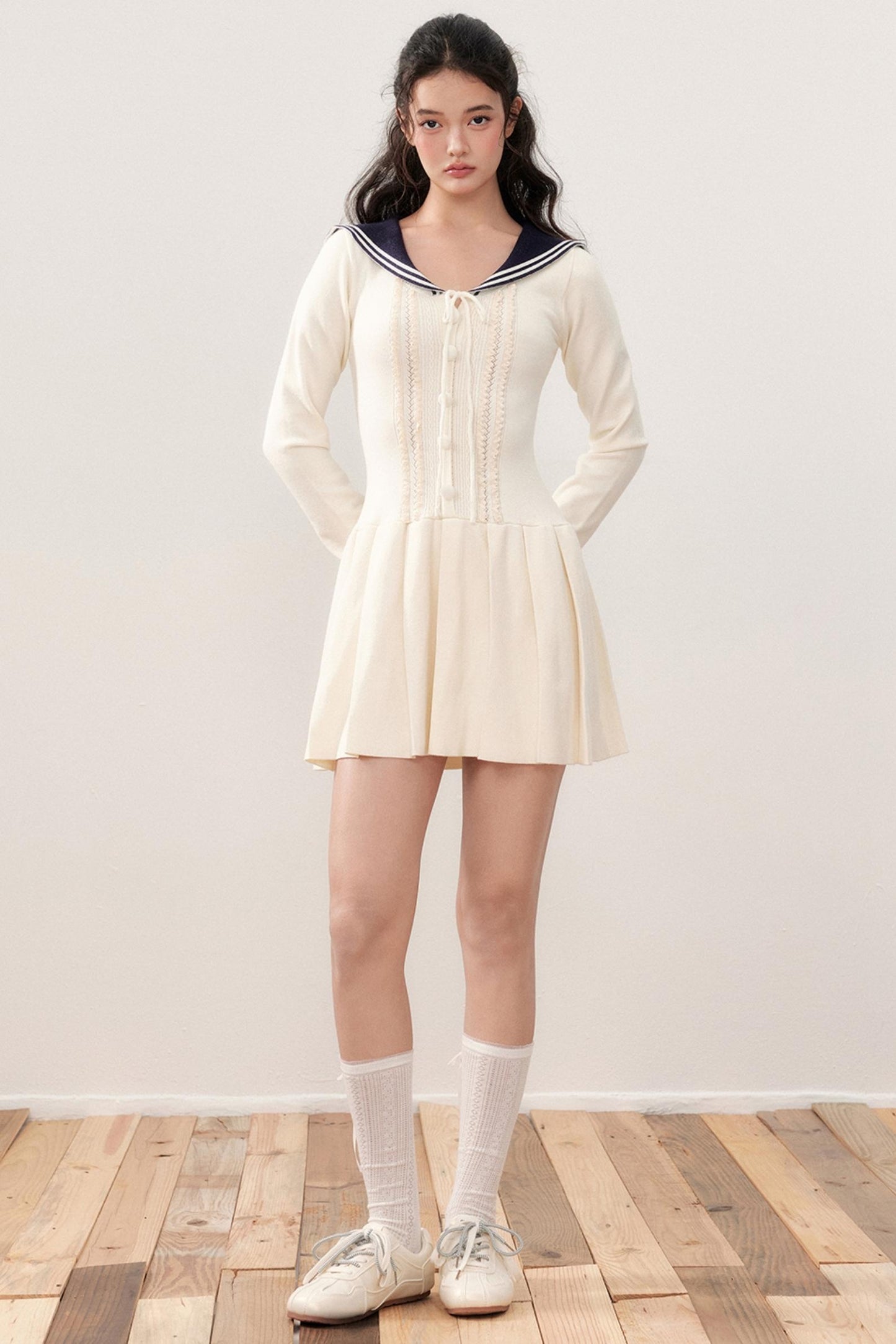 Navy Collar Sailor Sweet Lace Pleated Dress