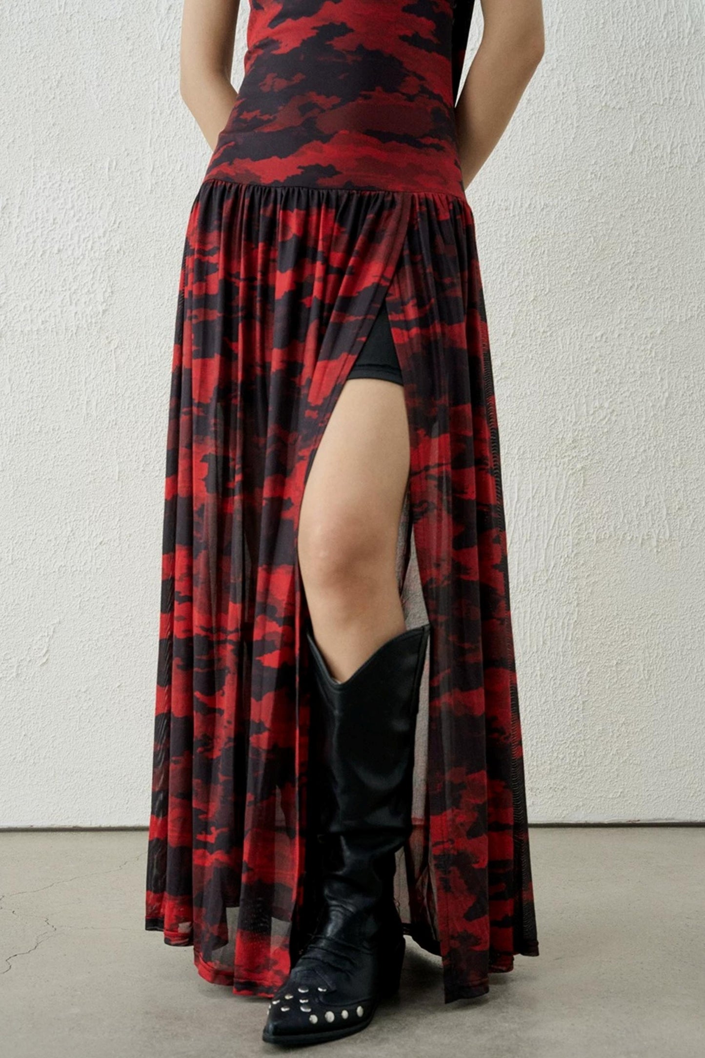 Black and Red Slit Strapless Dress
