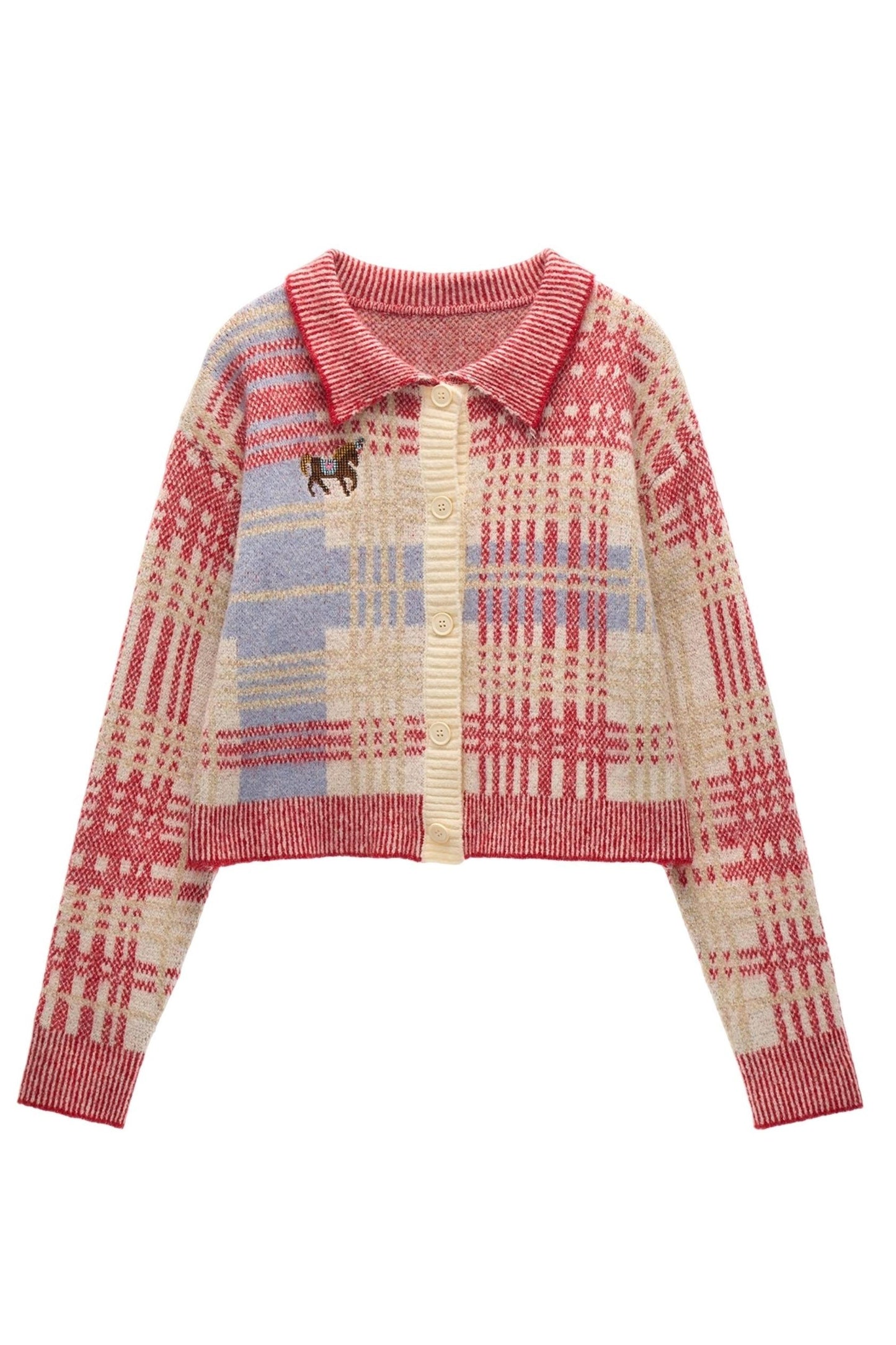 Plaid Red Knit Cardigan