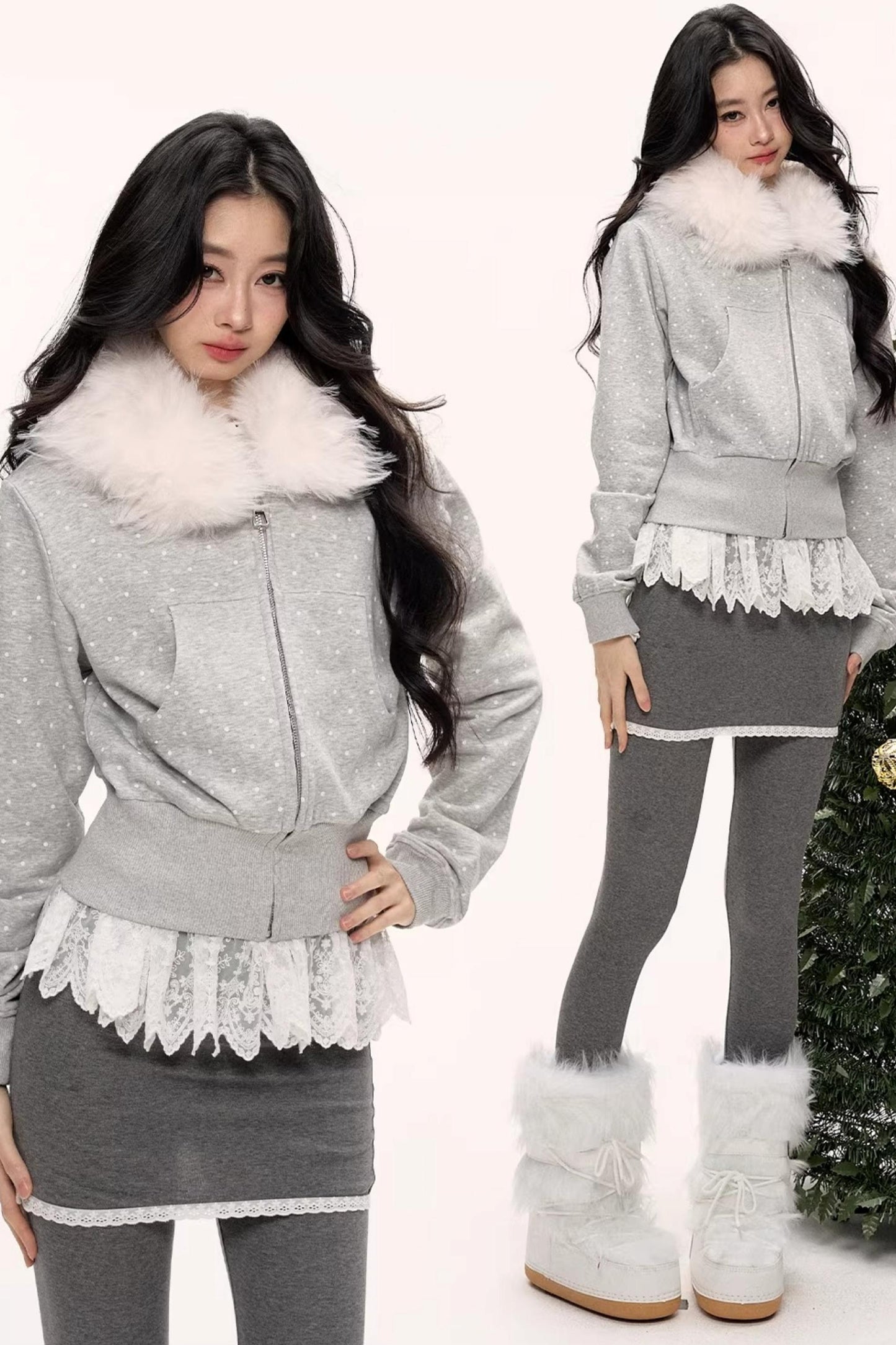 White Fur Collar Polka Dot Jacket