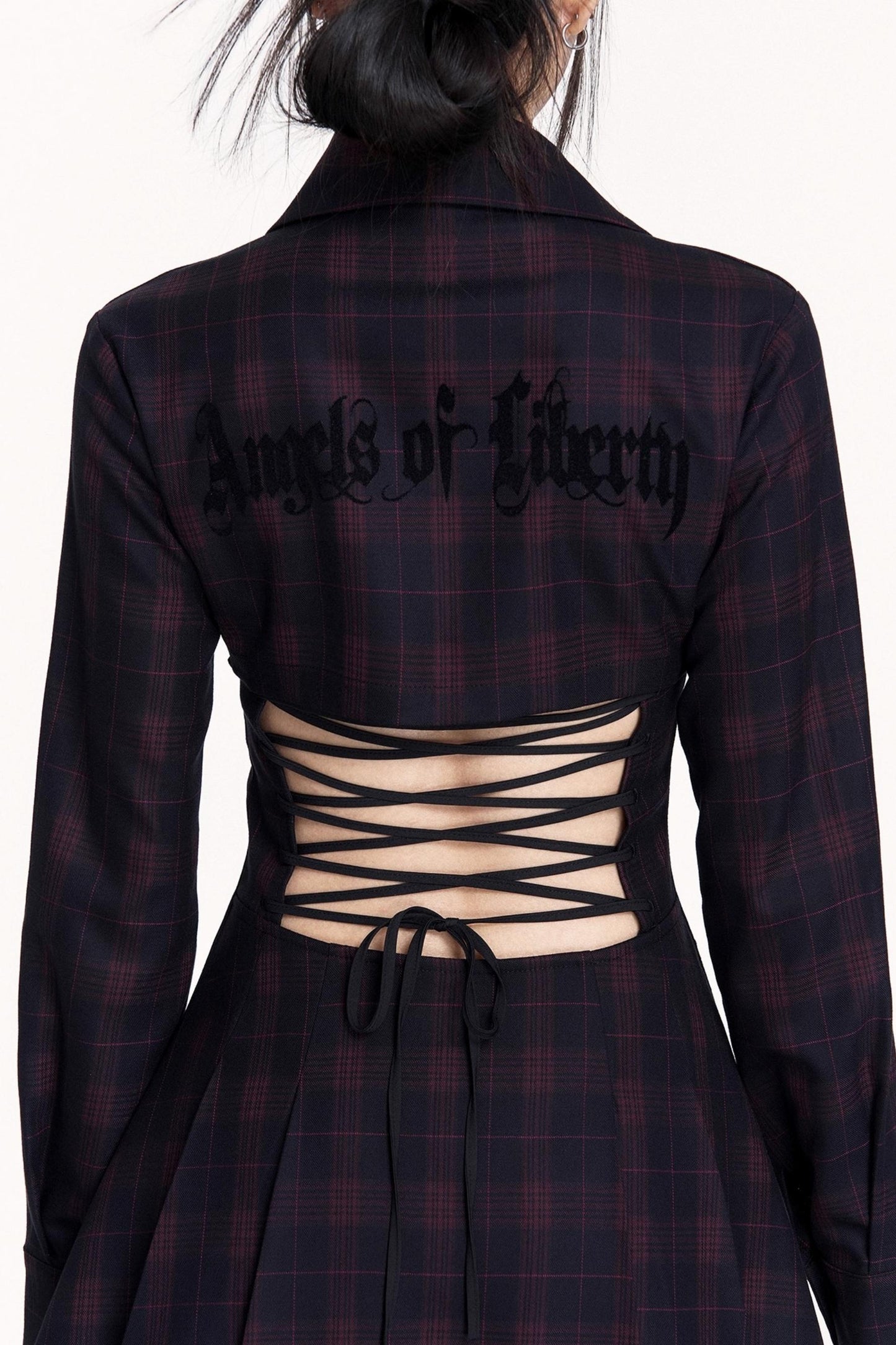 Dark Check Waist Slimming Long Sleeve Dress