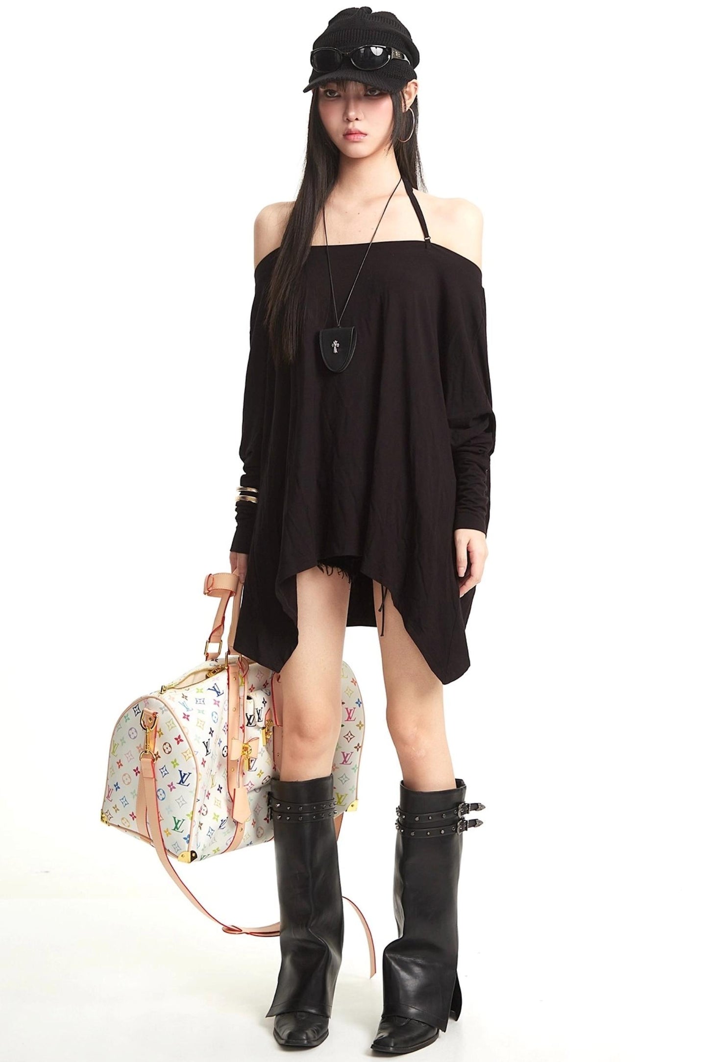 Black Off-Shoulder Halter Top