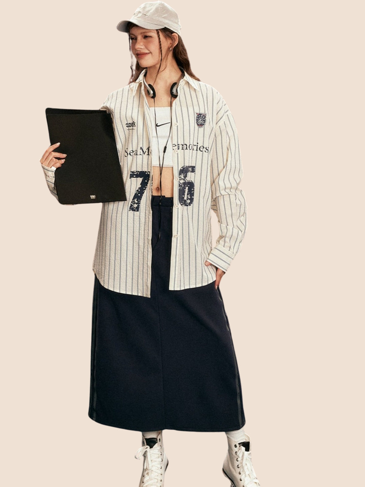 Long Sleeve Loose Blue And White Stripes Shirt