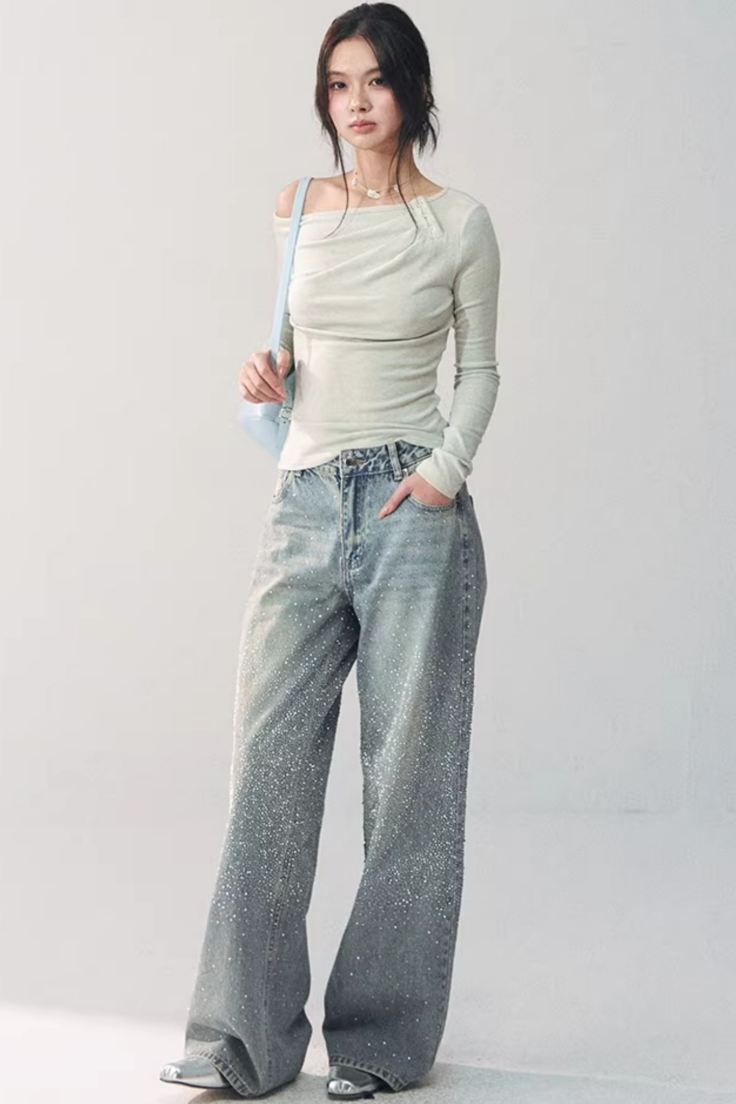 High-Waisted Rhinestone Wide-Leg Jeans